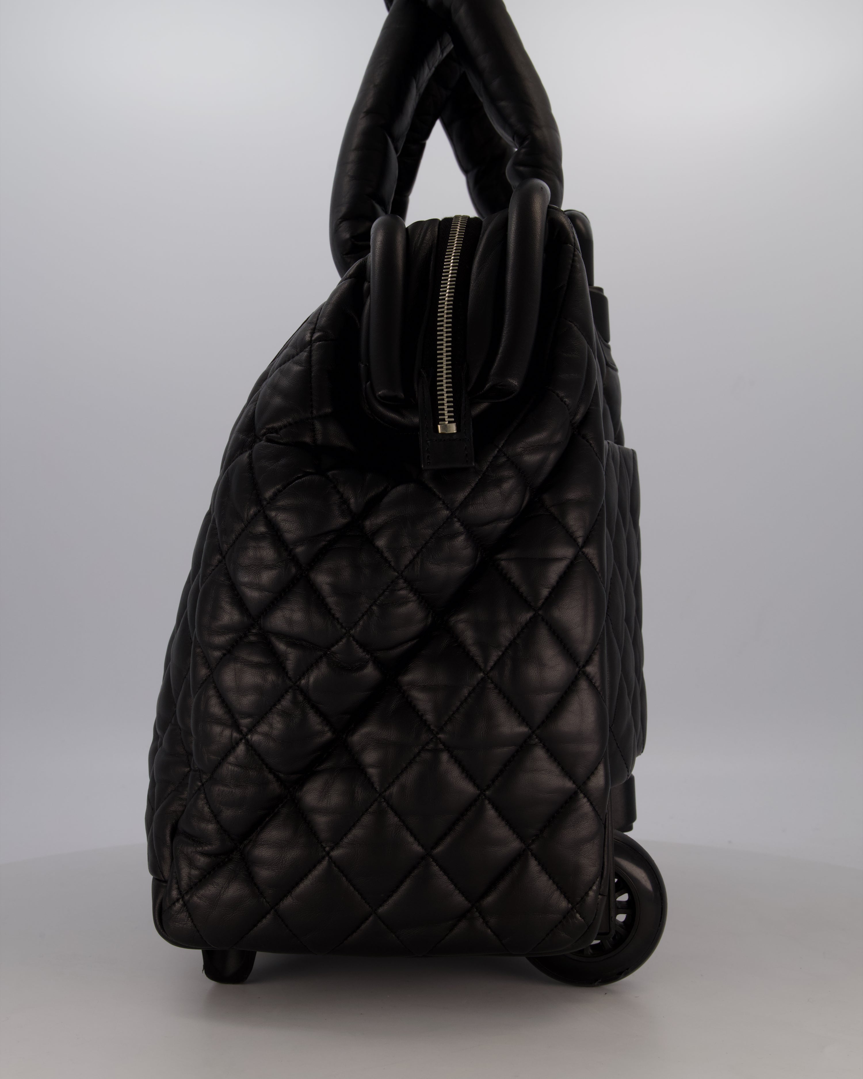 Chanel Black Large Coco Cocoon Carry on Trolley Bag in Lambskin Leather with Silver Hardware