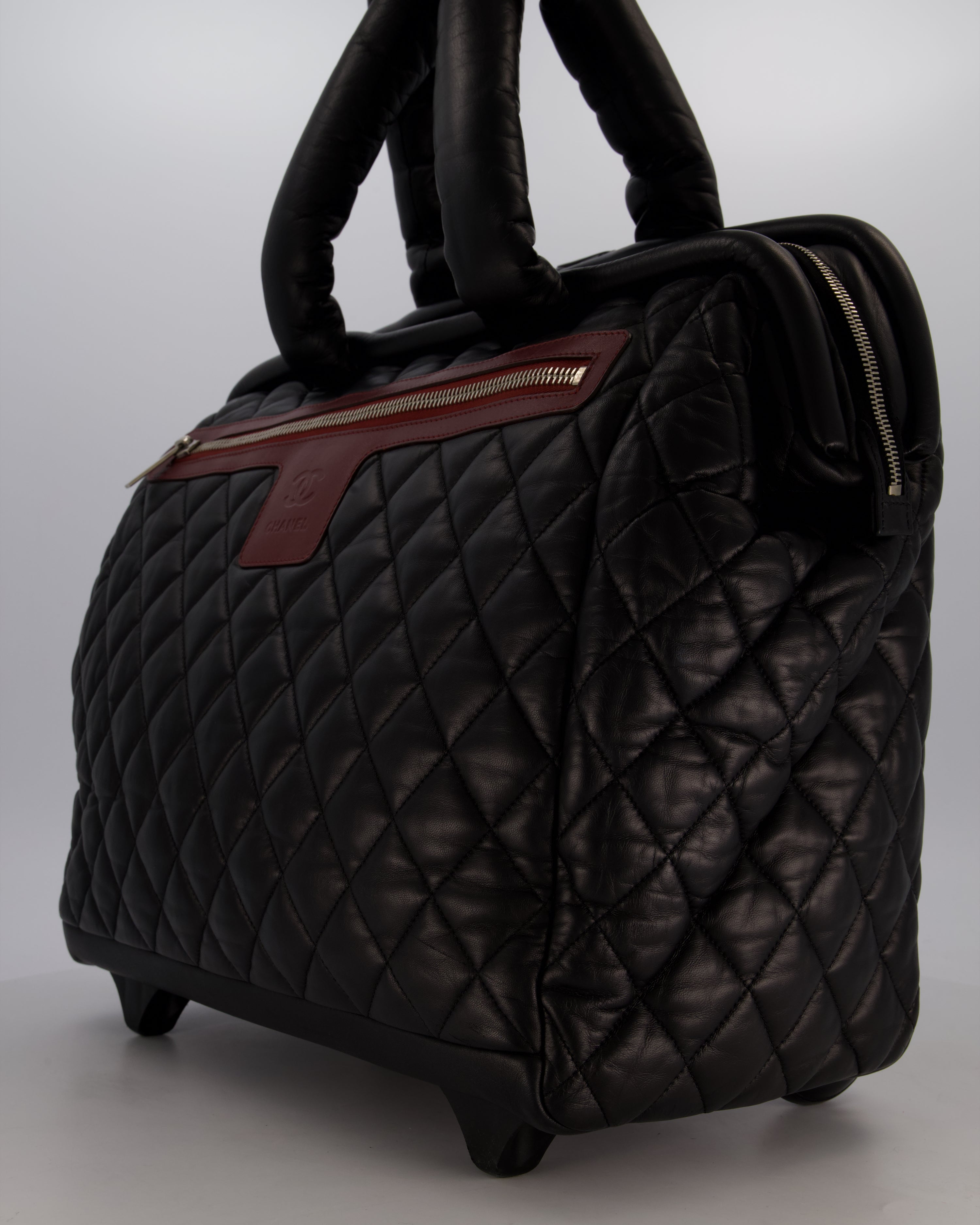 Chanel Black Large Coco Cocoon Carry on Trolley Bag in Lambskin Leather with Silver Hardware