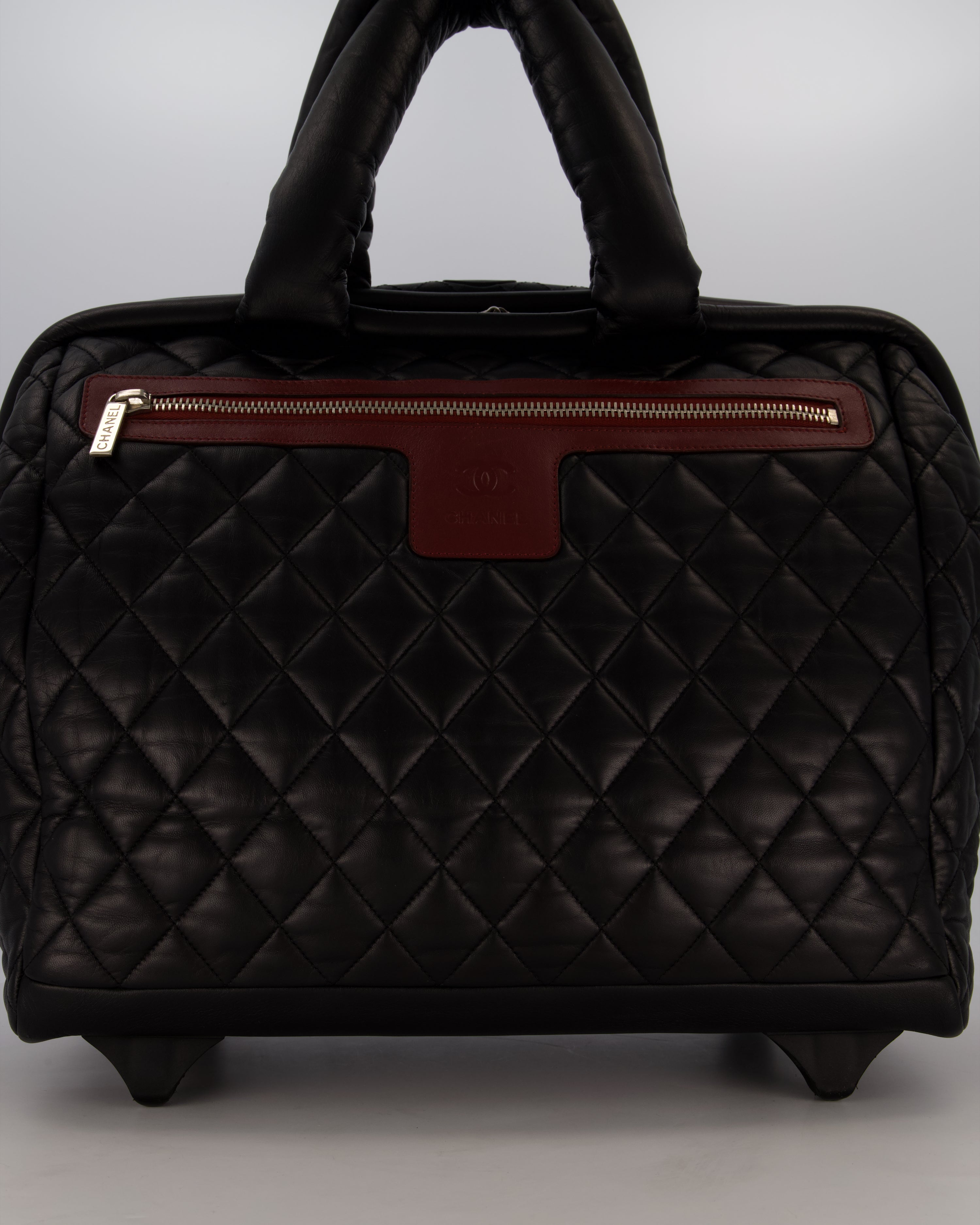 Chanel Black Large Coco Cocoon Carry on Trolley Bag in Lambskin Leather with Silver Hardware