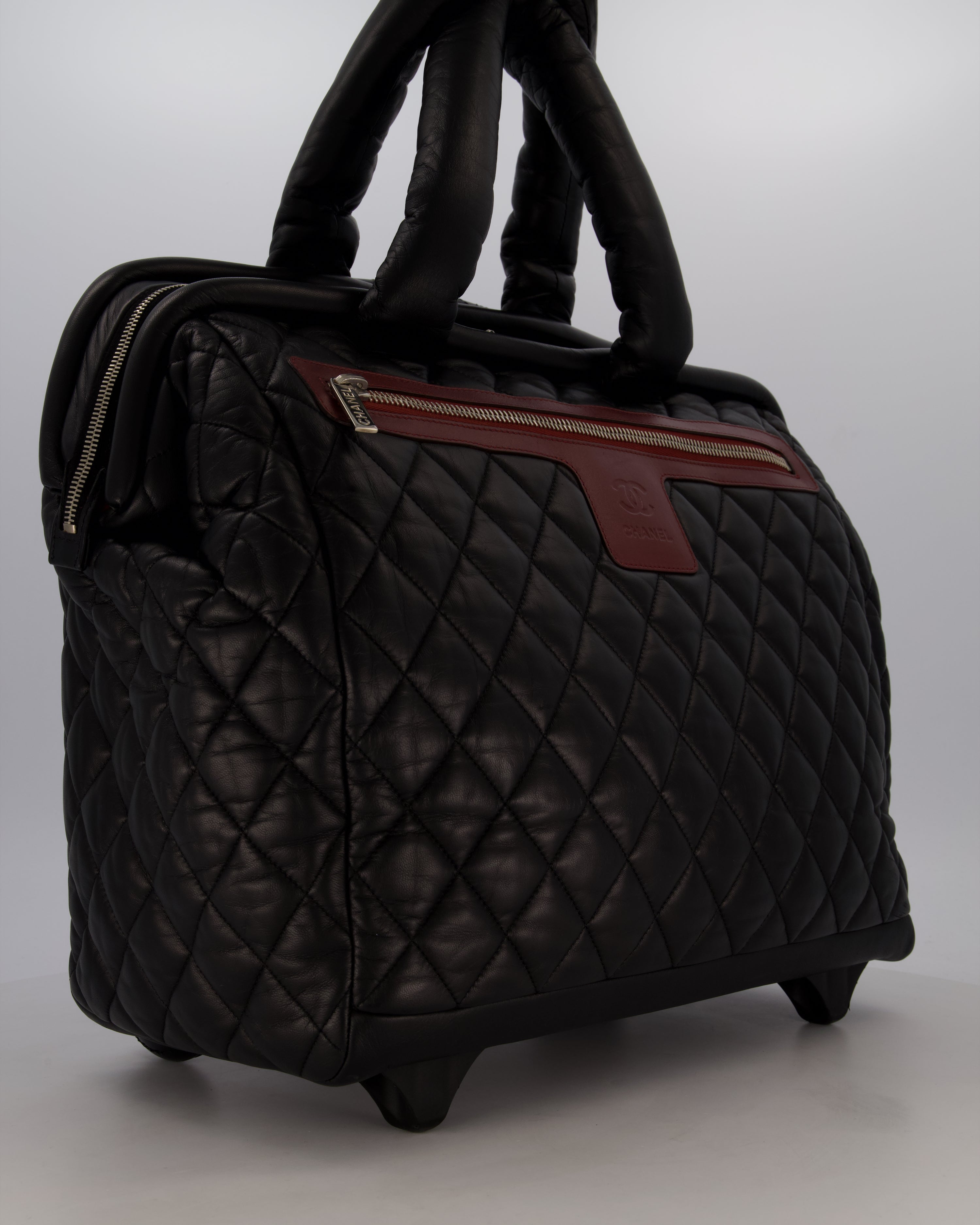 Chanel Black Large Coco Cocoon Carry on Trolley Bag in Lambskin Leather with Silver Hardware