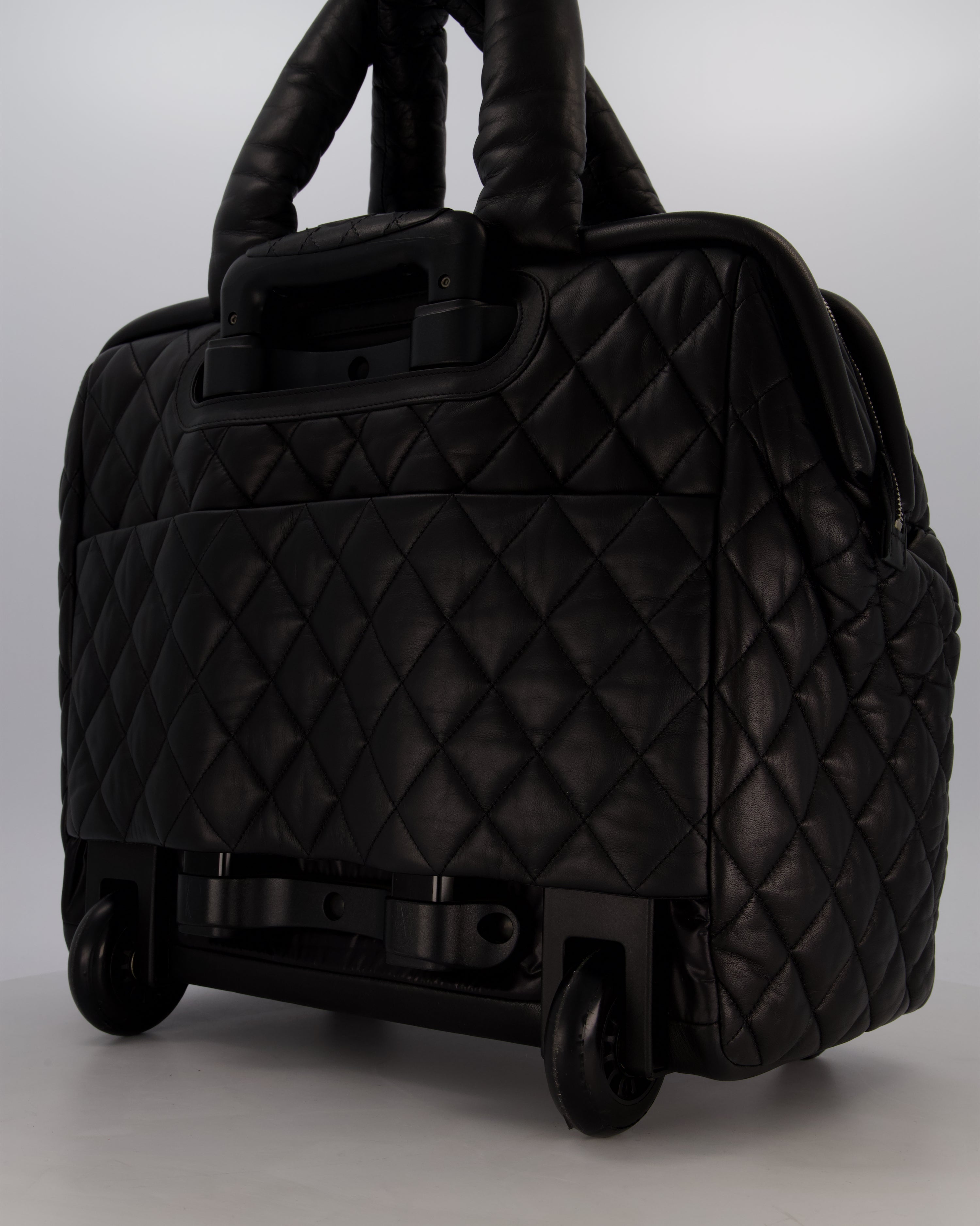 Chanel Black Large Coco Cocoon Carry on Trolley Bag in Lambskin Leather with Silver Hardware