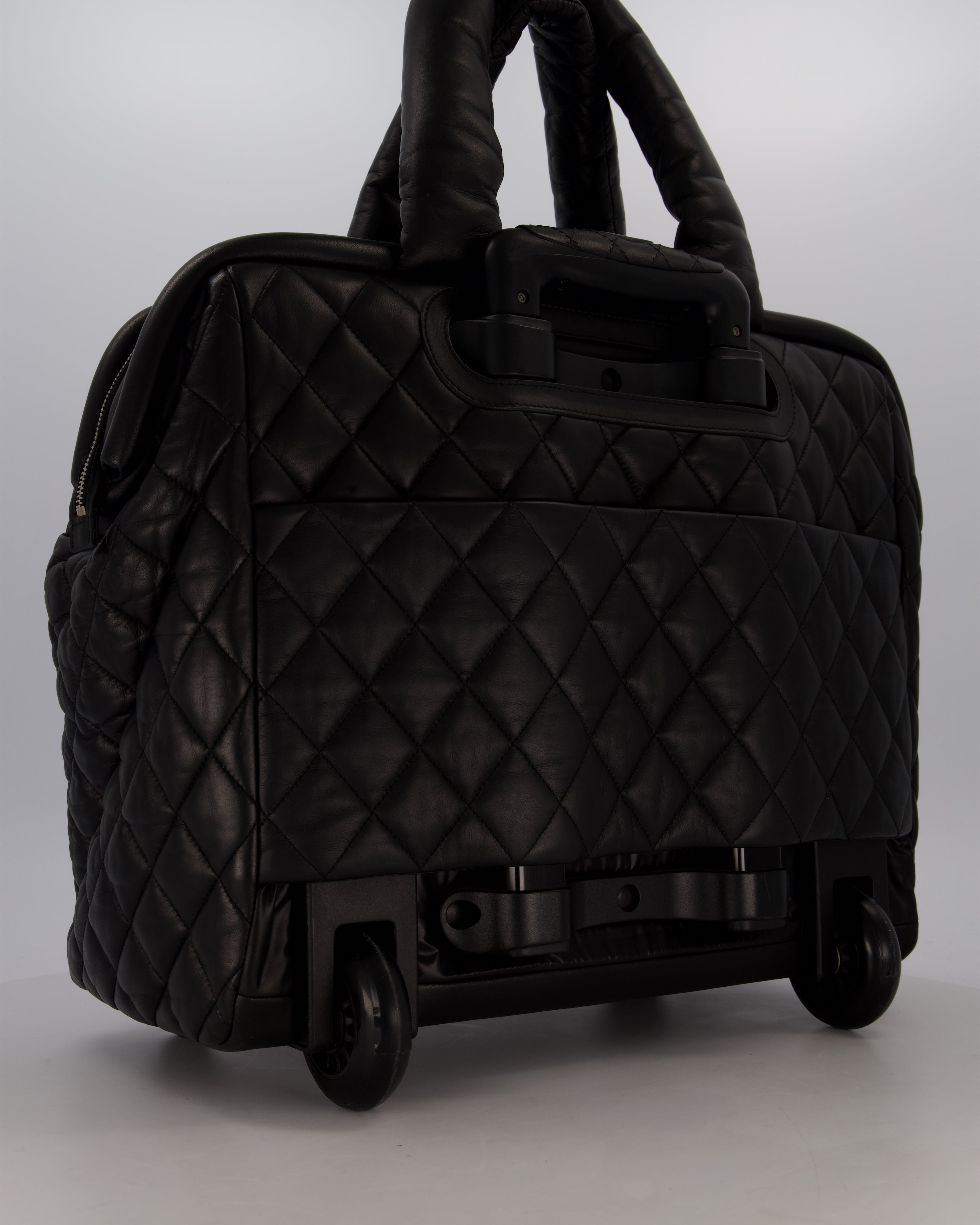 Chanel Black Large Coco Cocoon Carry on Trolley Bag in Lambskin Leather with Silver Hardware