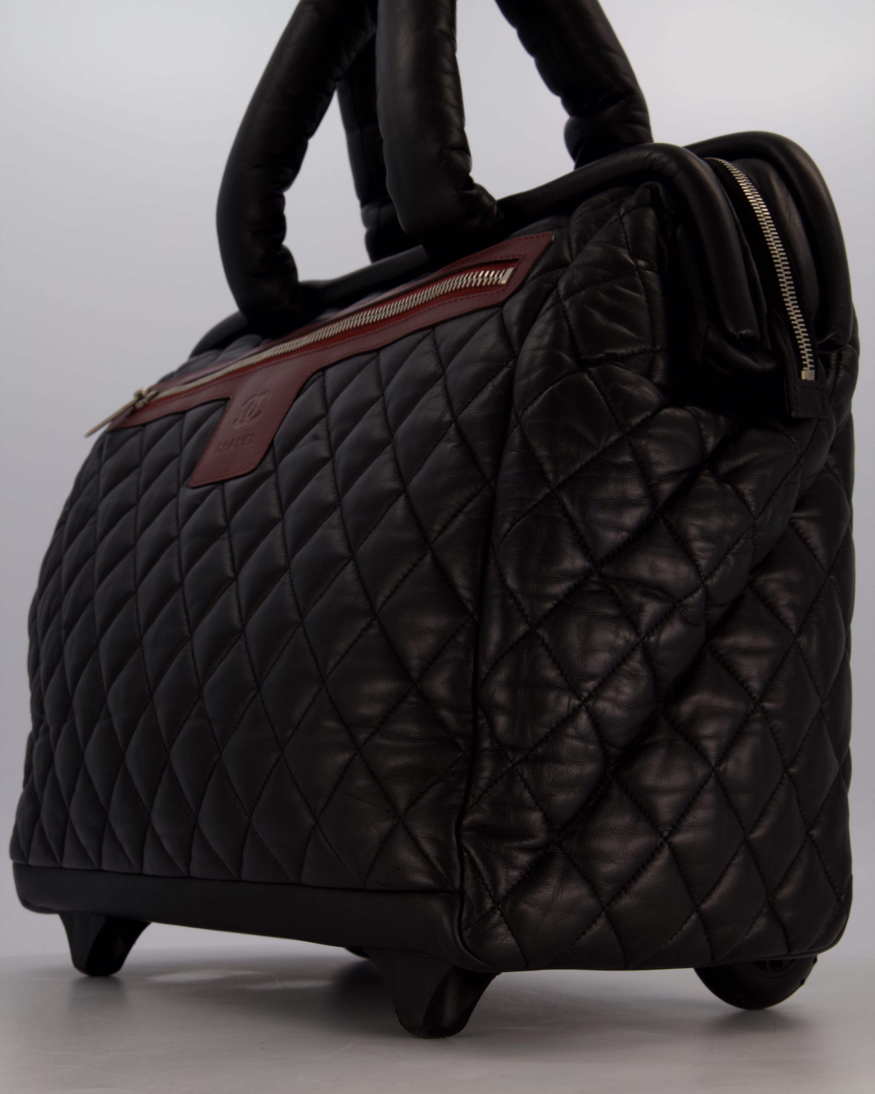 Chanel Black Large Coco Cocoon Carry on Trolley Bag in Lambskin Leather with Silver Hardware