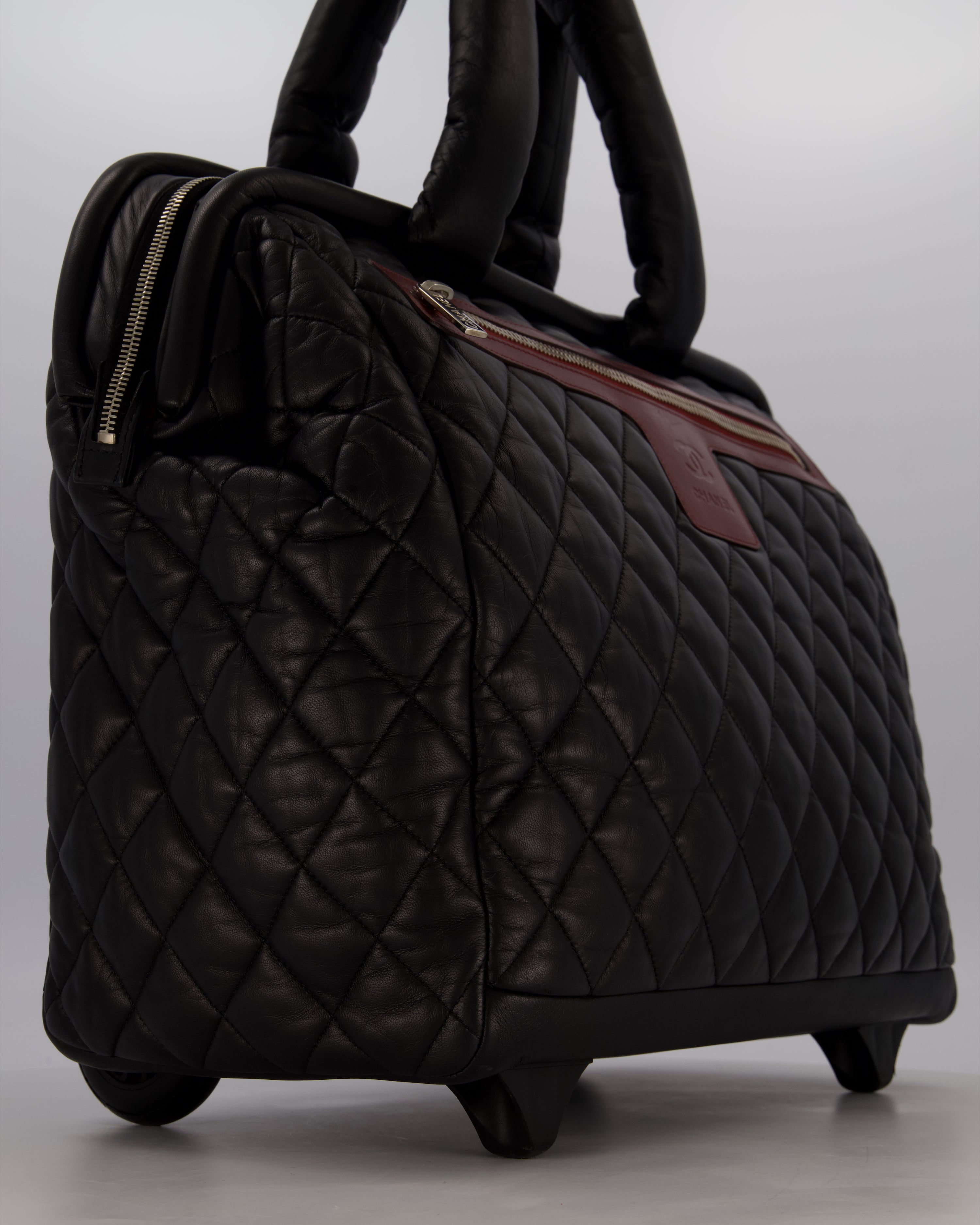 Chanel Black Large Coco Cocoon Carry on Trolley Bag in Lambskin Leather with Silver Hardware