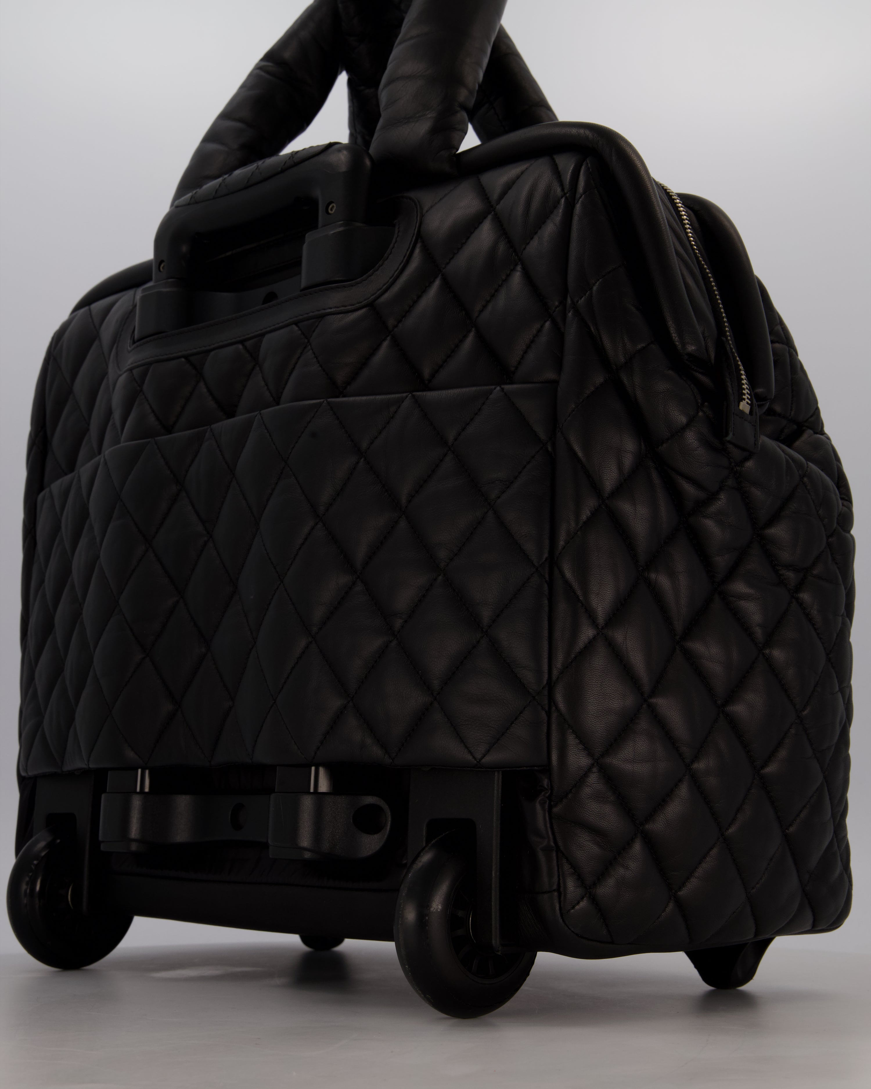 Chanel Black Large Coco Cocoon Carry on Trolley Bag in Lambskin Leather with Silver Hardware