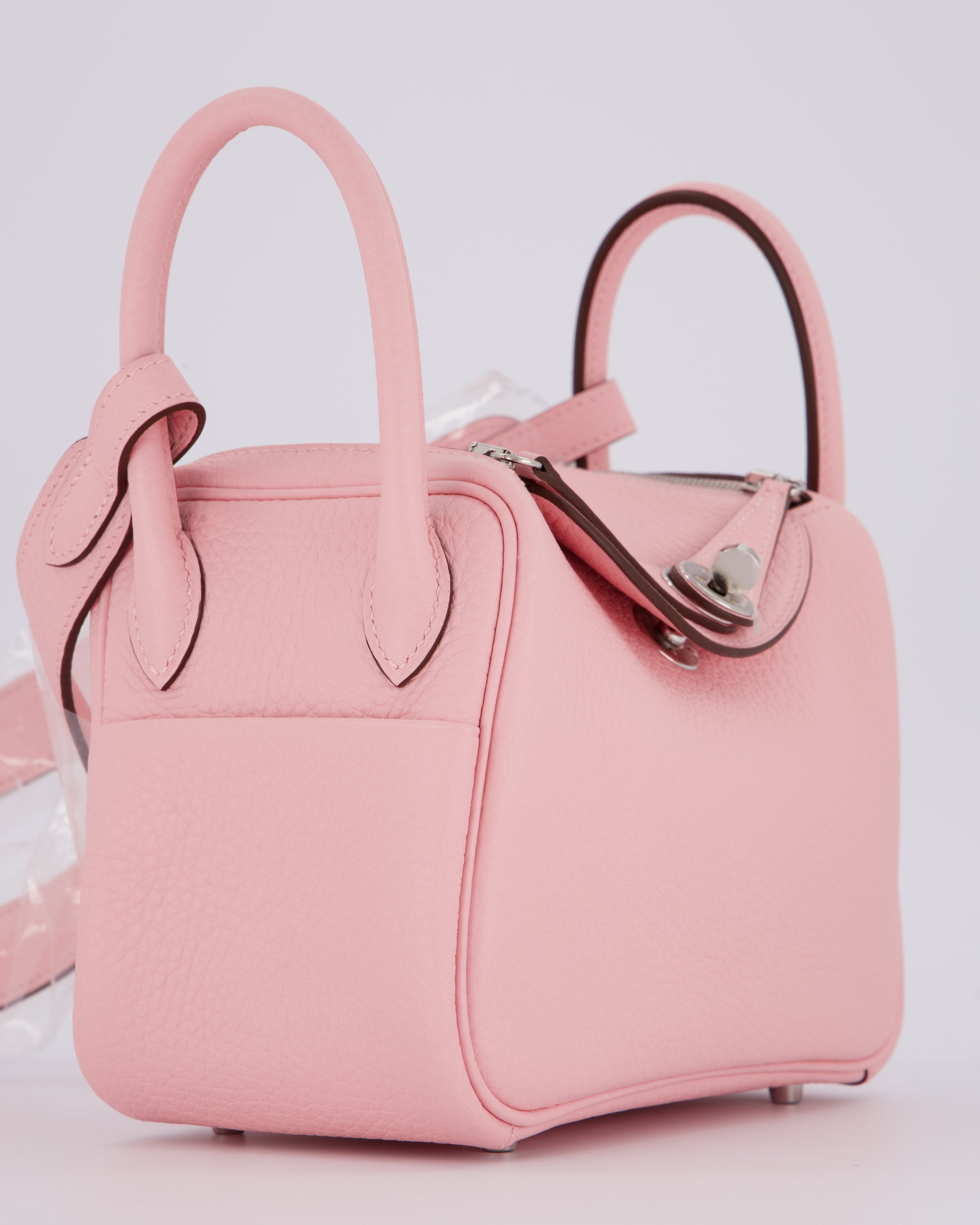 *SUPER HOT* Hermès Mini Lindy II Bag in Rose Sakura Taurillon Clemence Leather with Palladium Hardware