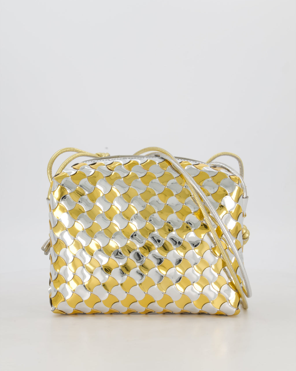 Bottega Veneta Silver & Gold Metallic Medium Loop Intrecciato Camera Bag in Patent Leather with Gold Hardware