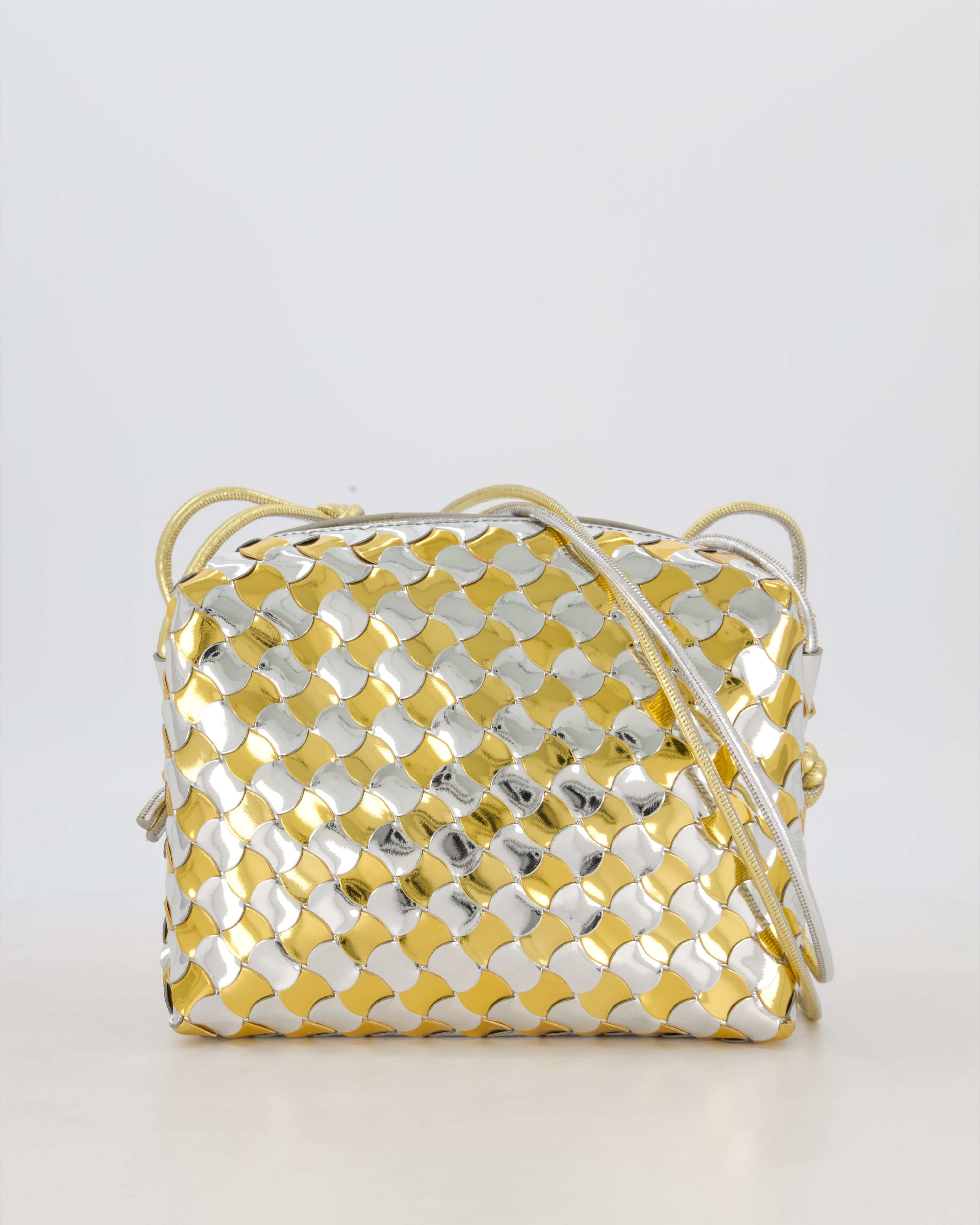 Bottega Veneta Silver & Gold Metallic Medium Loop Intrecciato Camera Bag in Patent Leather with Gold Hardware