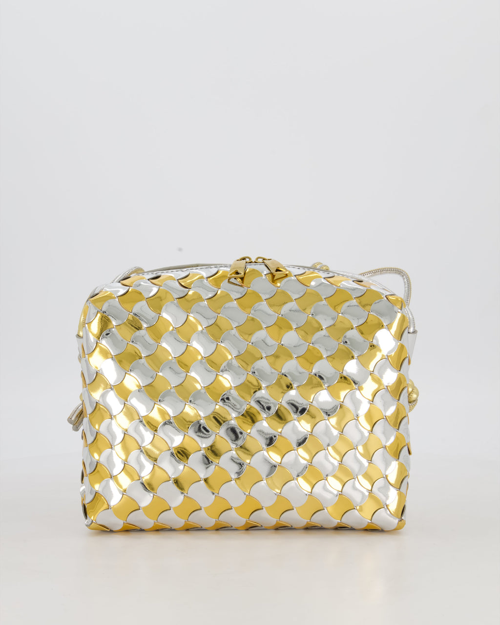 Bottega Veneta Silver & Gold Metallic Medium Loop Intrecciato Camera Bag in Patent Leather with Gold Hardware