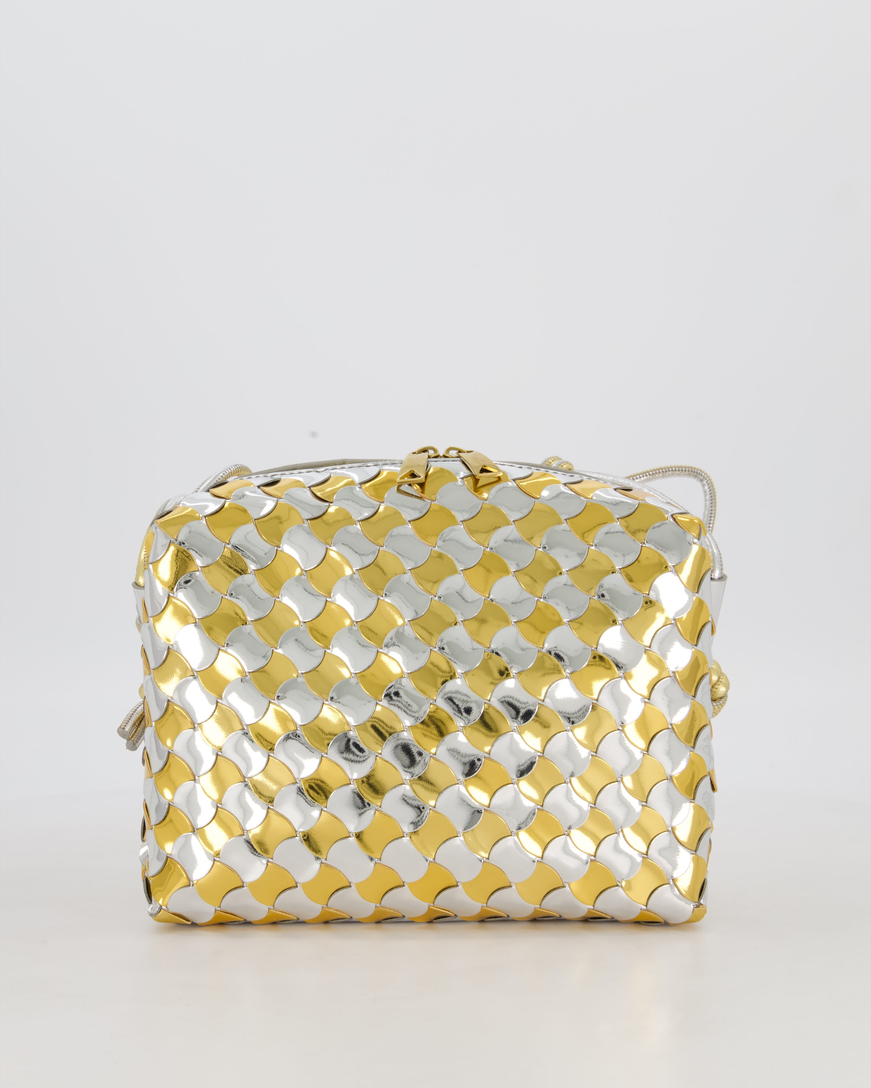 Bottega Veneta Silver & Gold Metallic Medium Loop Intrecciato Camera Bag in Patent Leather with Gold Hardware