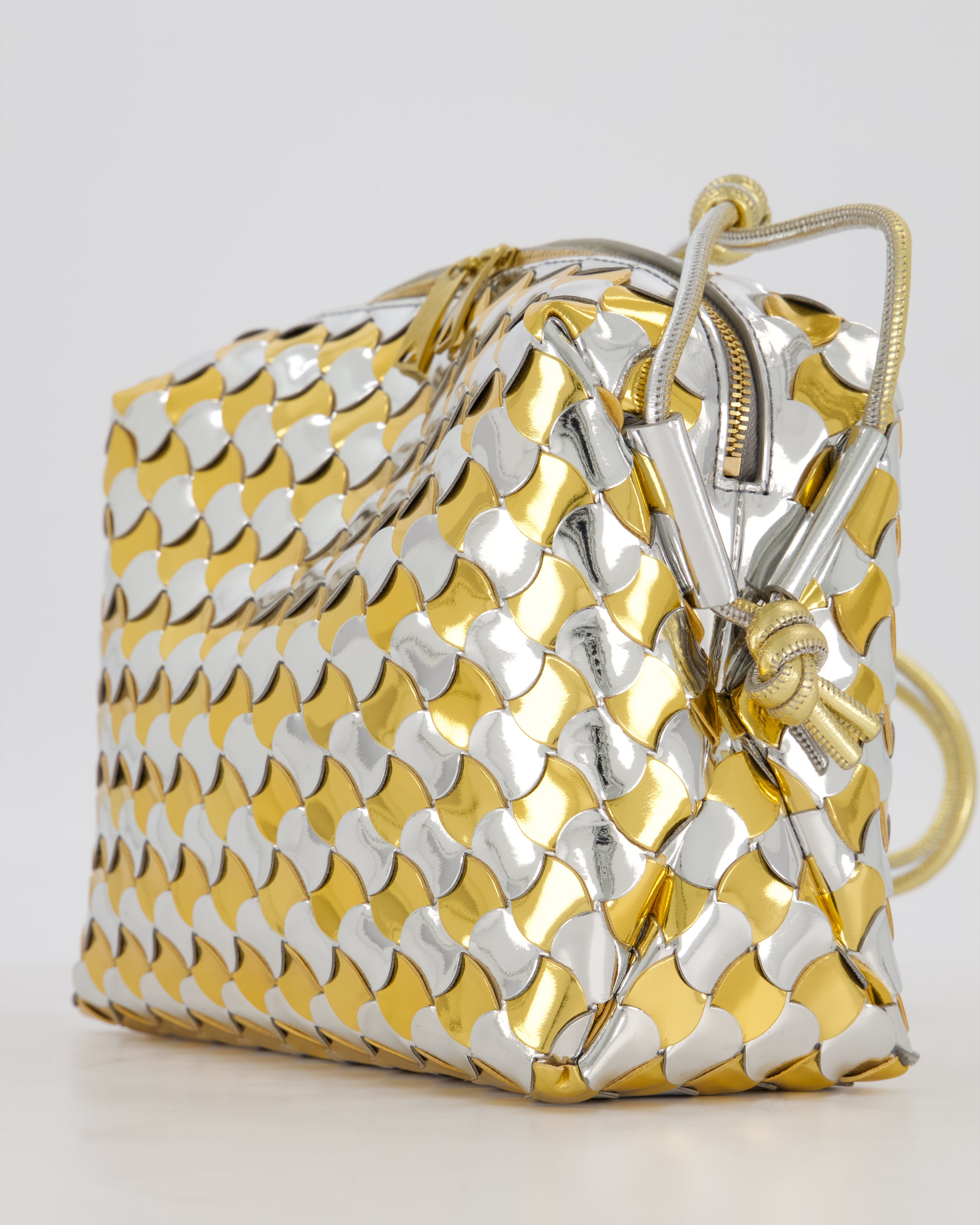 Bottega Veneta Silver & Gold Metallic Medium Loop Intrecciato Camera Bag in Patent Leather with Gold Hardware