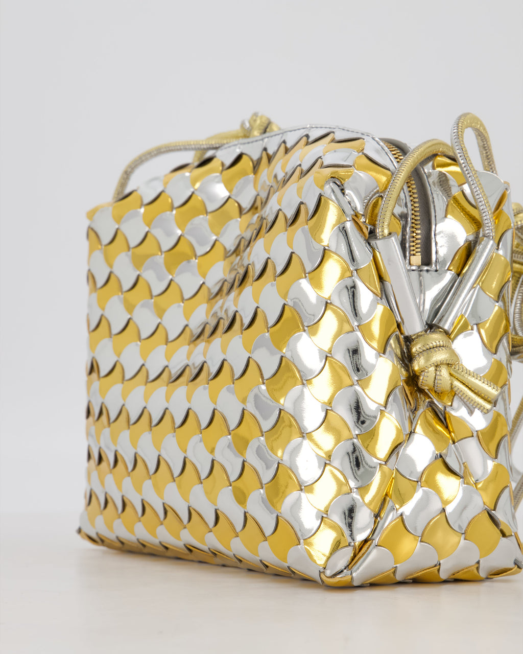 Bottega Veneta Silver & Gold Metallic Medium Loop Intrecciato Camera Bag in Patent Leather with Gold Hardware