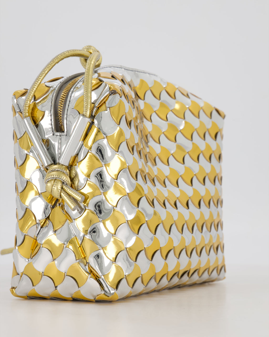 Bottega Veneta Silver & Gold Metallic Medium Loop Intrecciato Camera Bag in Patent Leather with Gold Hardware