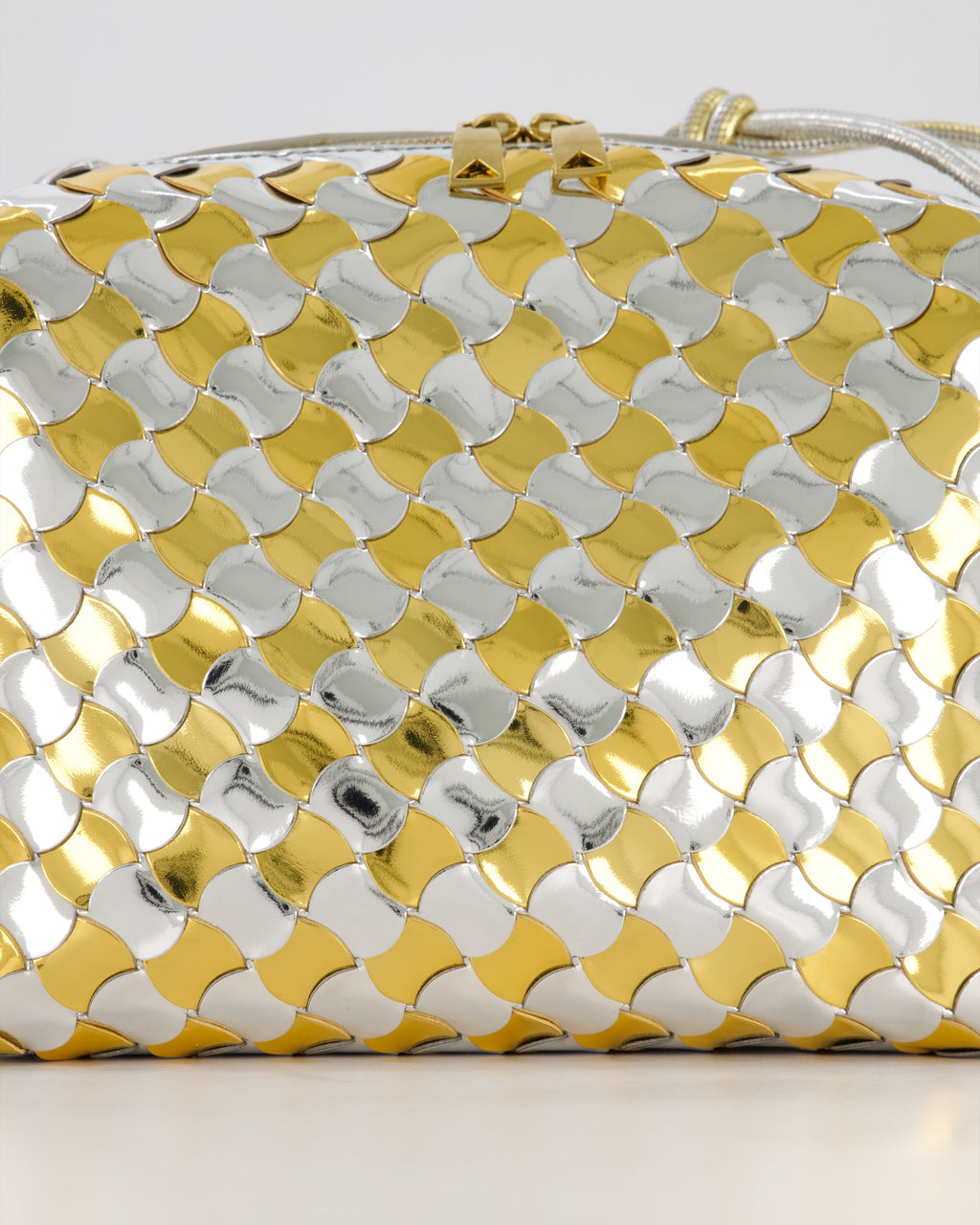 Bottega Veneta Silver & Gold Metallic Medium Loop Intrecciato Camera Bag in Patent Leather with Gold Hardware