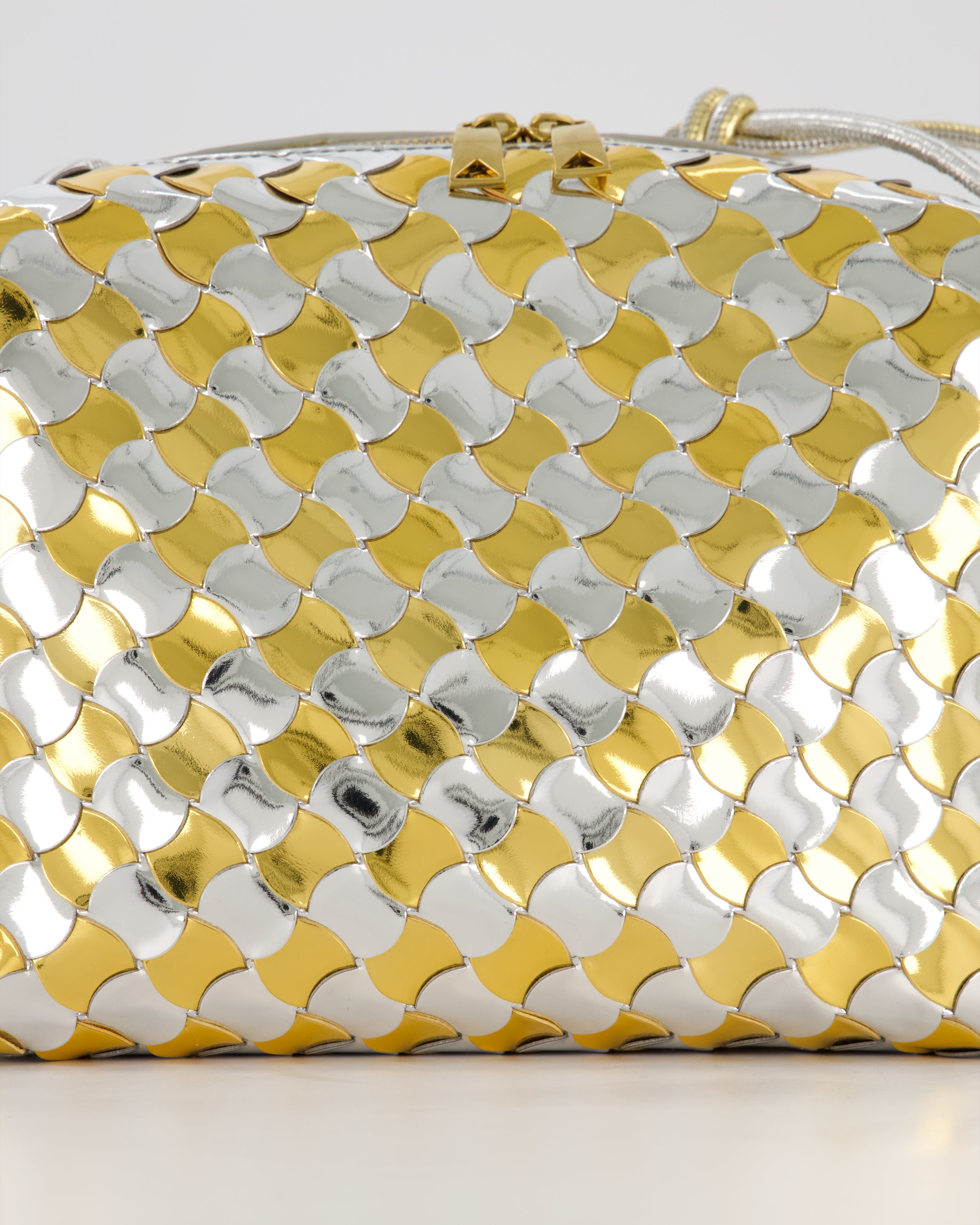 Bottega Veneta Silver & Gold Metallic Medium Loop Intrecciato Camera Bag in Patent Leather with Gold Hardware