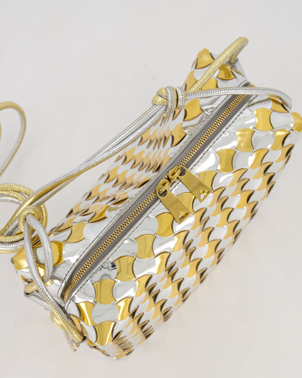 Bottega Veneta Silver & Gold Metallic Medium Loop Intrecciato Camera Bag in Patent Leather with Gold Hardware