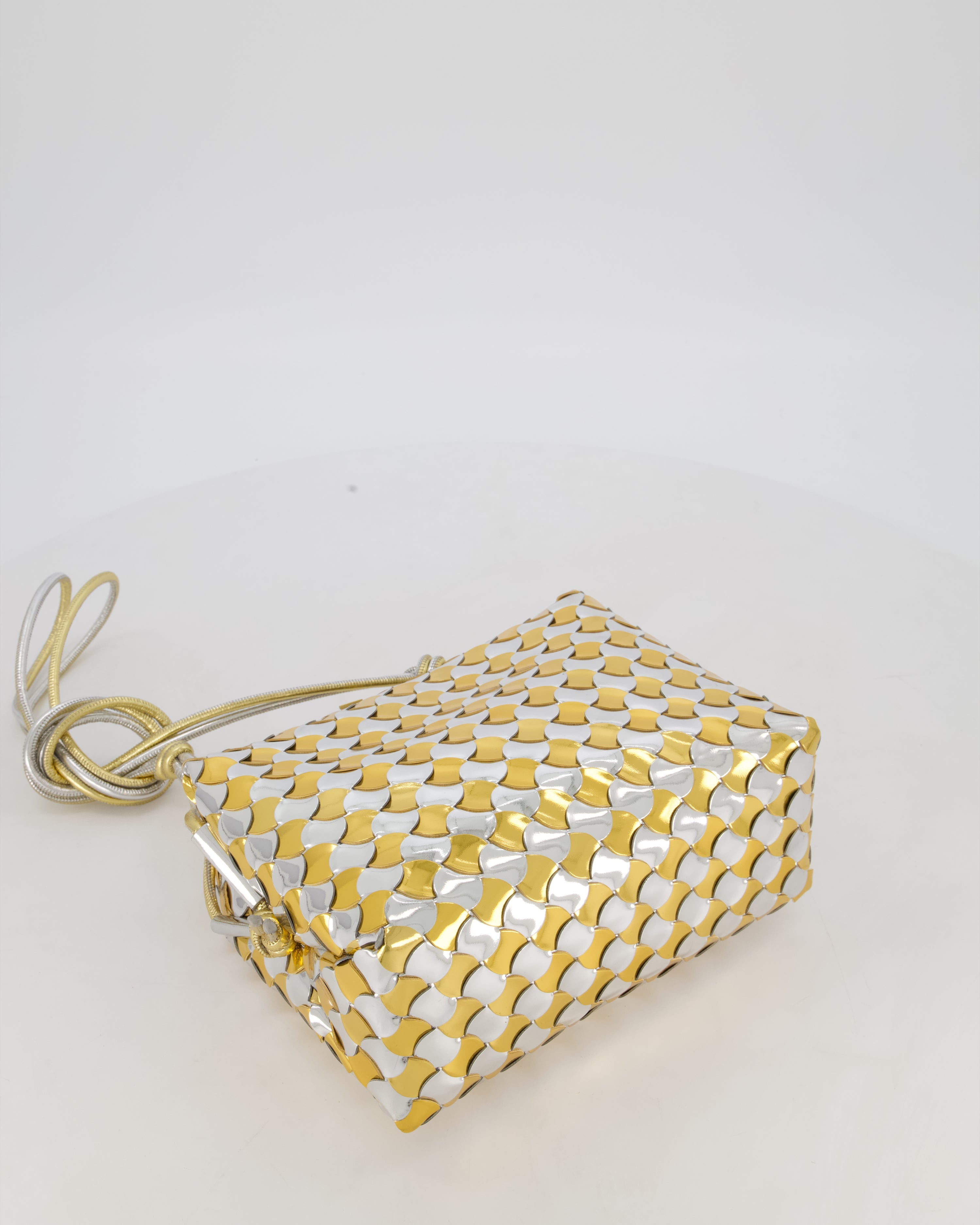 Bottega Veneta Silver & Gold Metallic Medium Loop Intrecciato Camera Bag in Patent Leather with Gold Hardware