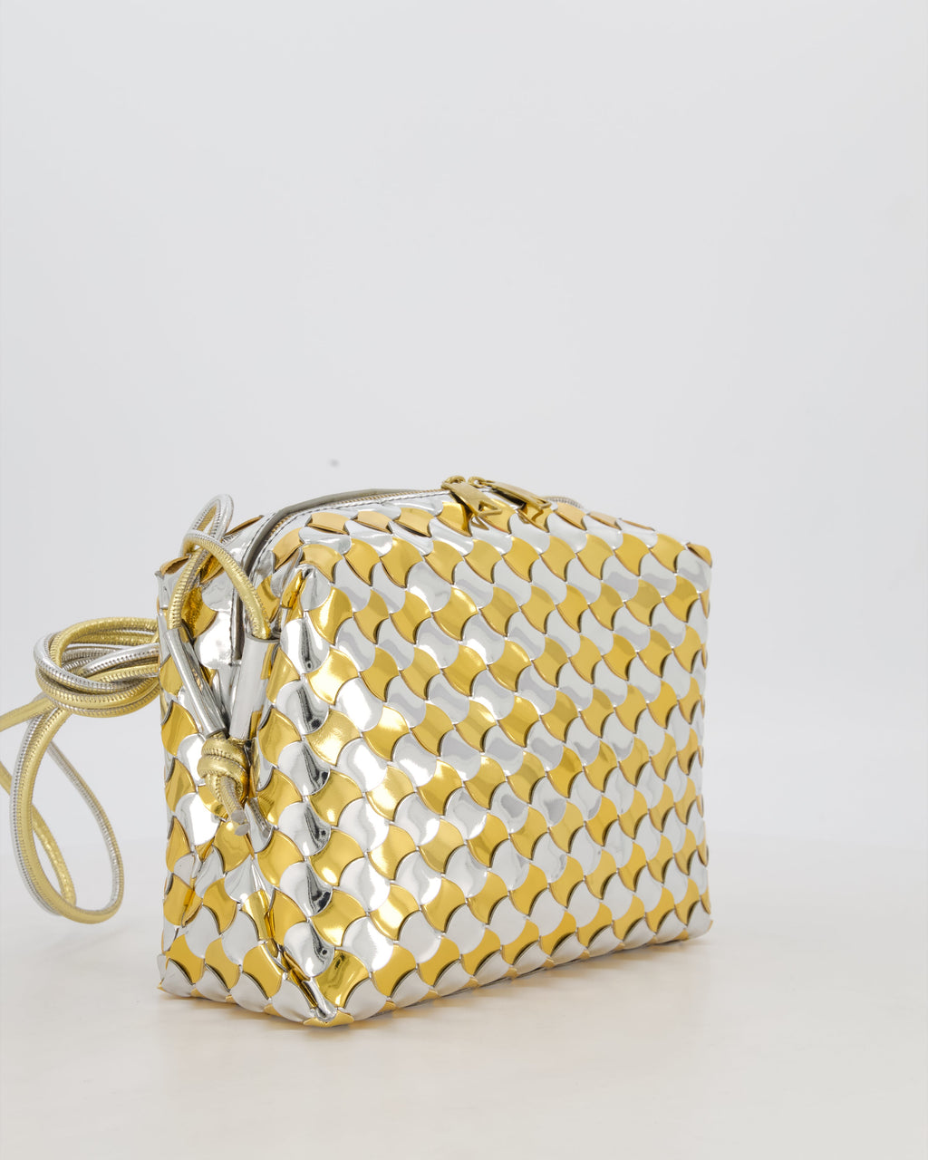 Bottega Veneta Silver & Gold Metallic Medium Loop Intrecciato Camera Bag in Patent Leather with Gold Hardware