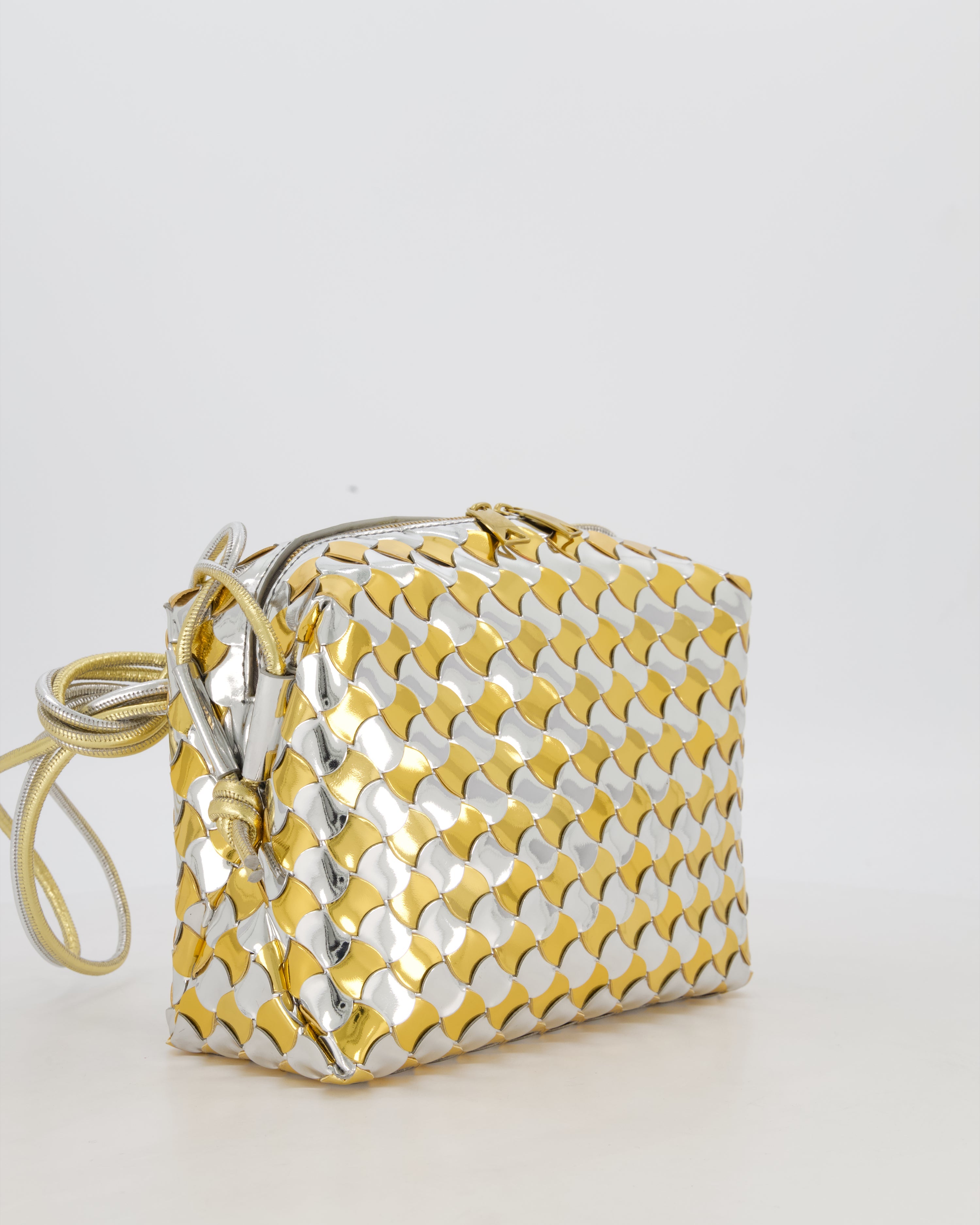 Bottega Veneta Silver & Gold Metallic Medium Loop Intrecciato Camera Bag in Patent Leather with Gold Hardware