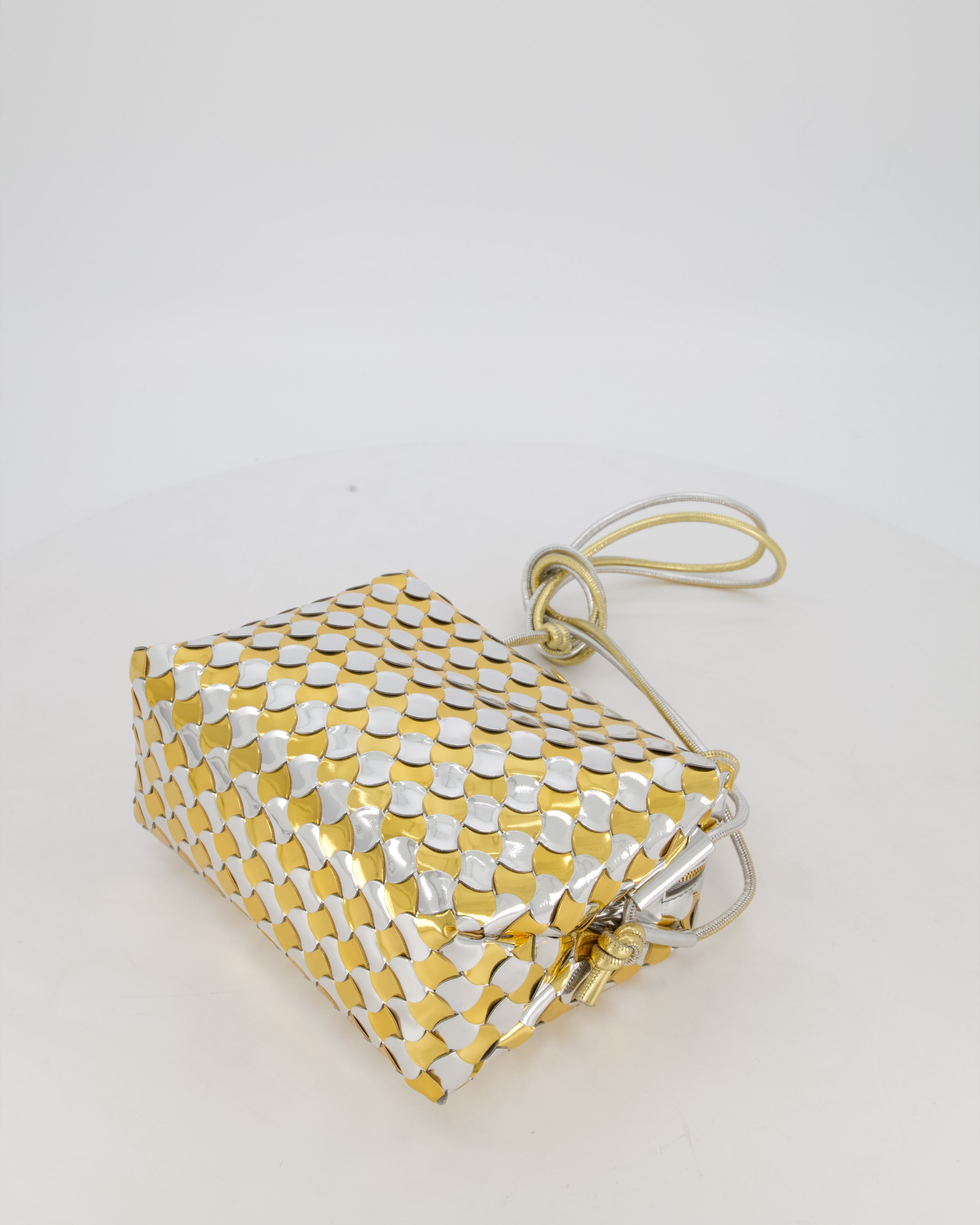 Bottega Veneta Silver & Gold Metallic Medium Loop Intrecciato Camera Bag in Patent Leather with Gold Hardware