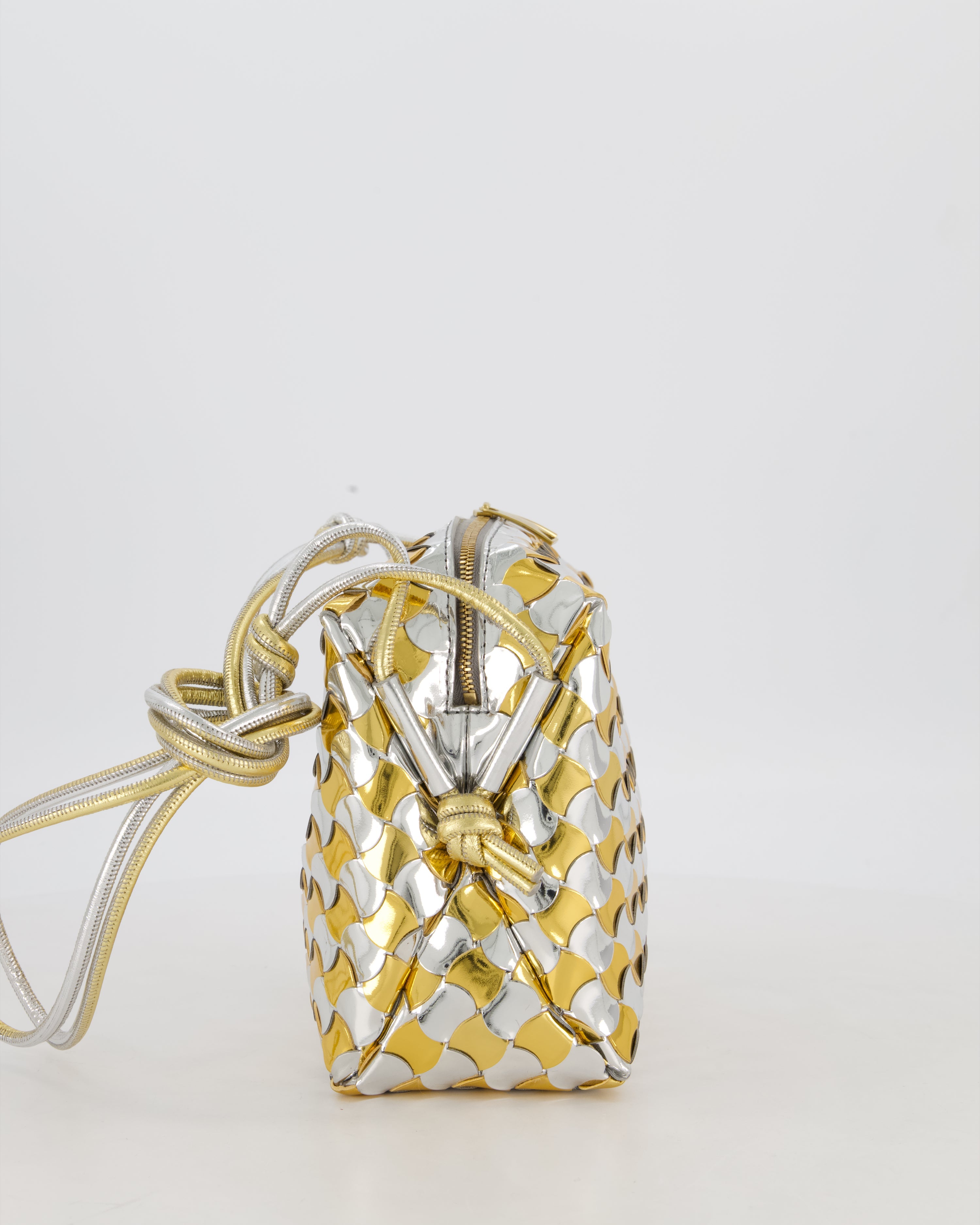 Bottega Veneta Silver & Gold Metallic Medium Loop Intrecciato Camera Bag in Patent Leather with Gold Hardware