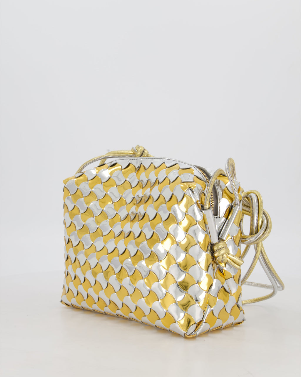 Bottega Veneta Silver & Gold Metallic Medium Loop Intrecciato Camera Bag in Patent Leather with Gold Hardware