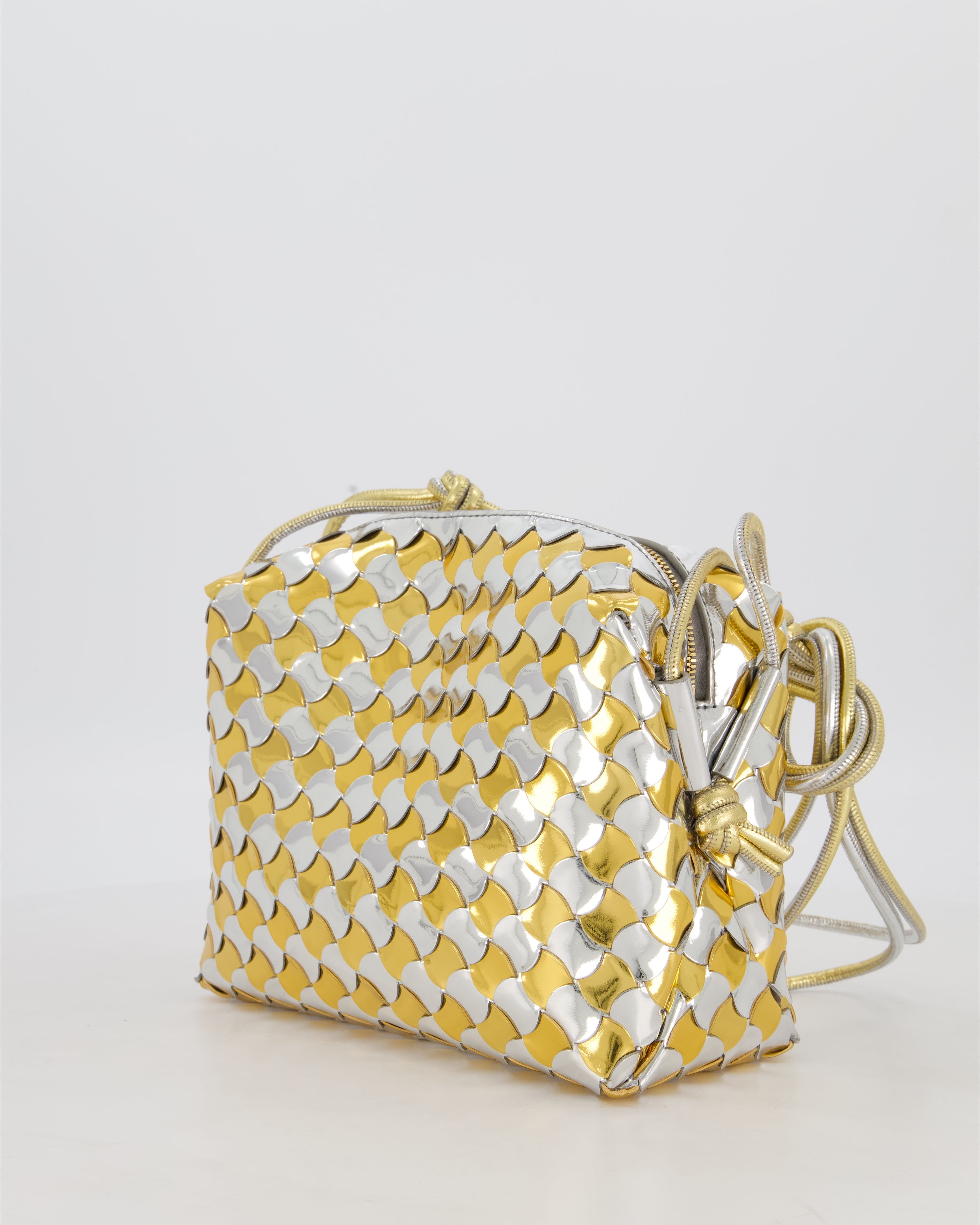 Bottega Veneta Silver & Gold Metallic Medium Loop Intrecciato Camera Bag in Patent Leather with Gold Hardware