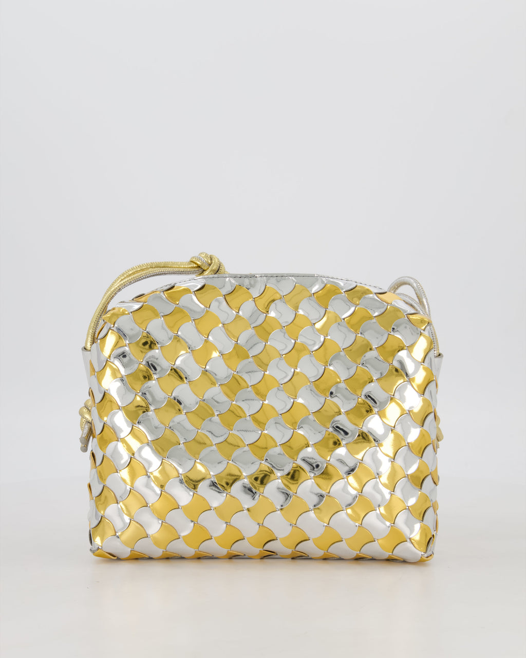 Bottega Veneta Silver & Gold Metallic Medium Loop Intrecciato Camera Bag in Patent Leather with Gold Hardware