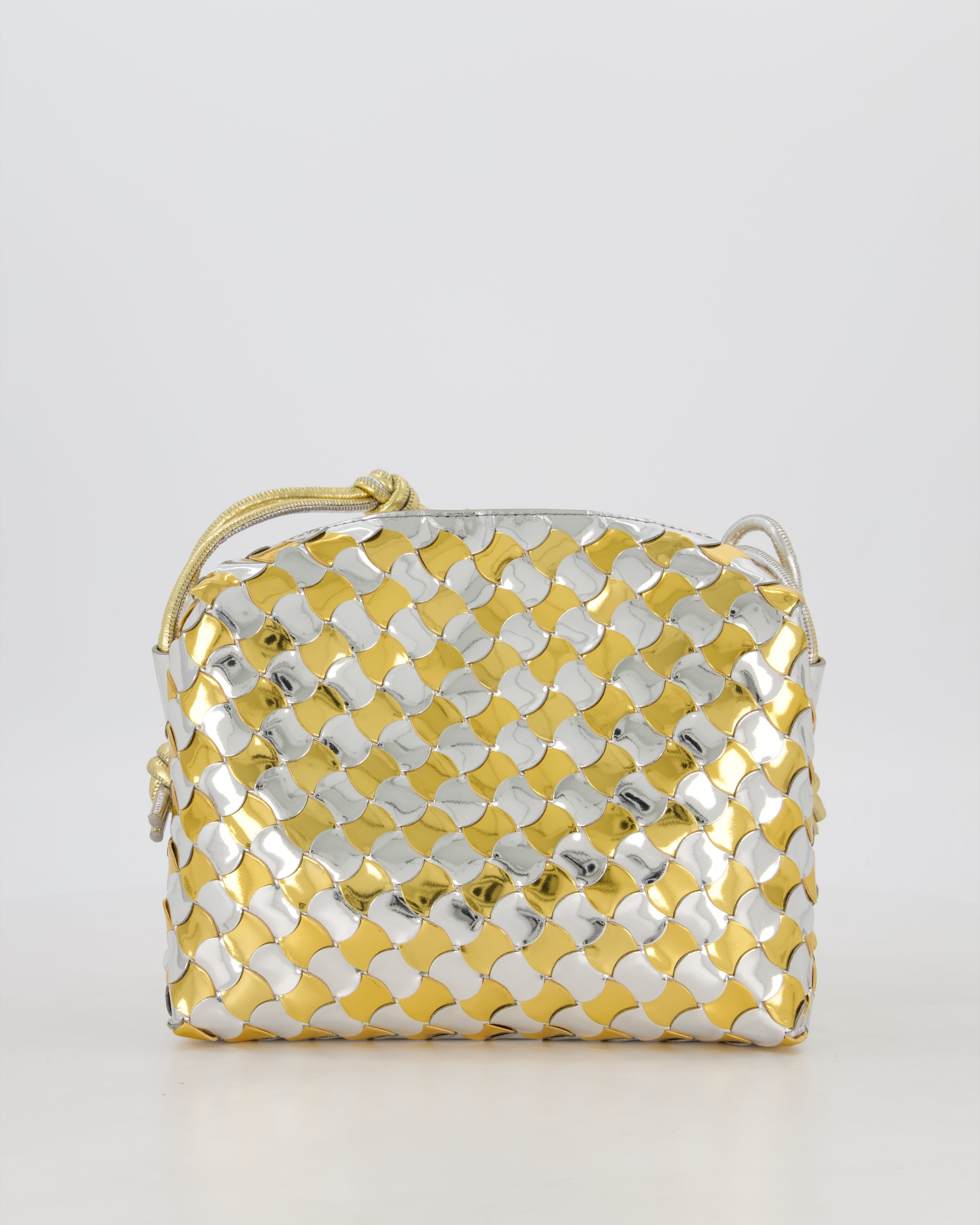 Bottega Veneta Silver & Gold Metallic Medium Loop Intrecciato Camera Bag in Patent Leather with Gold Hardware
