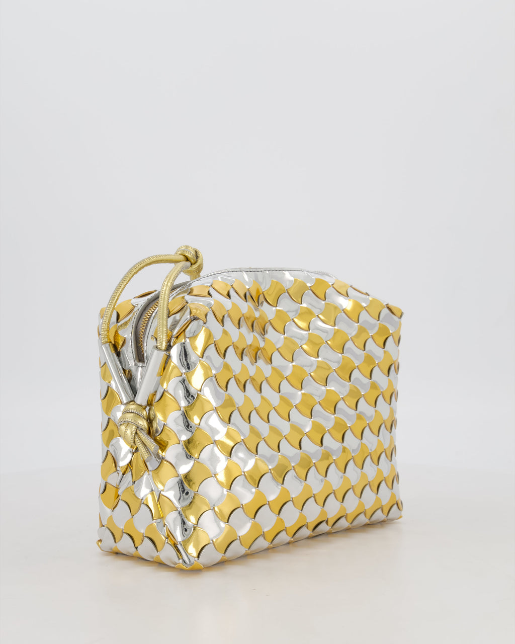 Bottega Veneta Silver & Gold Metallic Medium Loop Intrecciato Camera Bag in Patent Leather with Gold Hardware