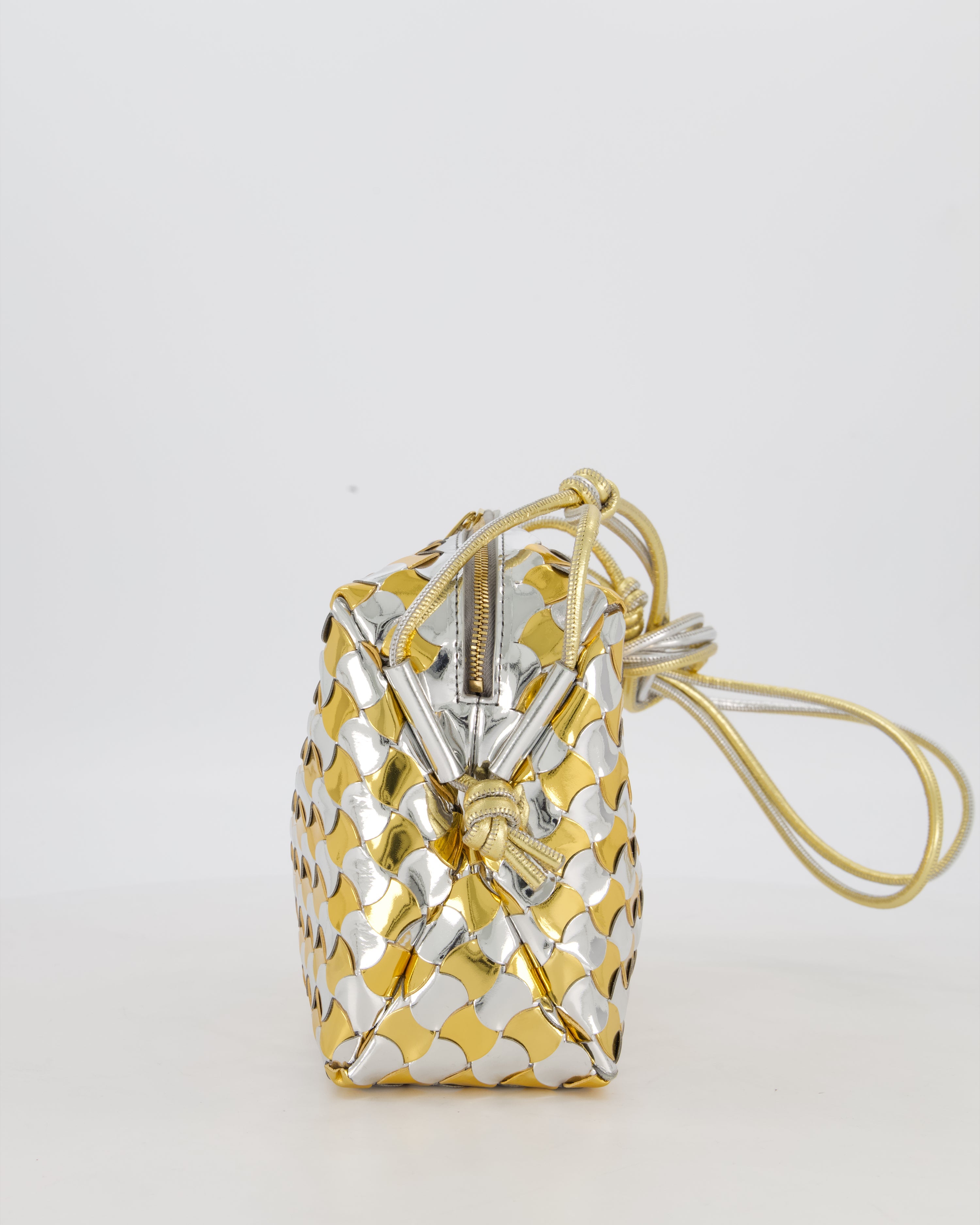 Bottega Veneta Silver & Gold Metallic Medium Loop Intrecciato Camera Bag in Patent Leather with Gold Hardware