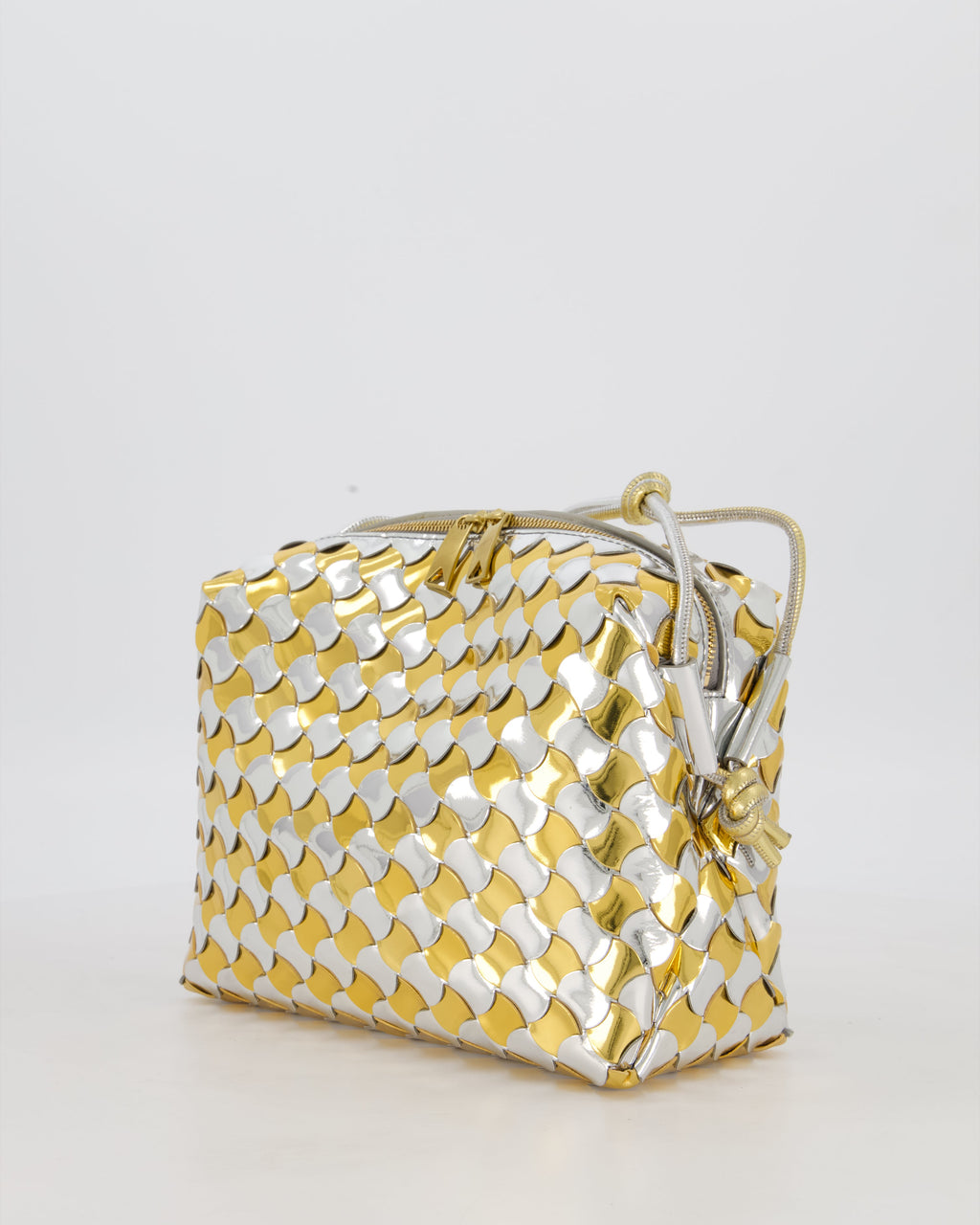 Bottega Veneta Silver & Gold Metallic Medium Loop Intrecciato Camera Bag in Patent Leather with Gold Hardware