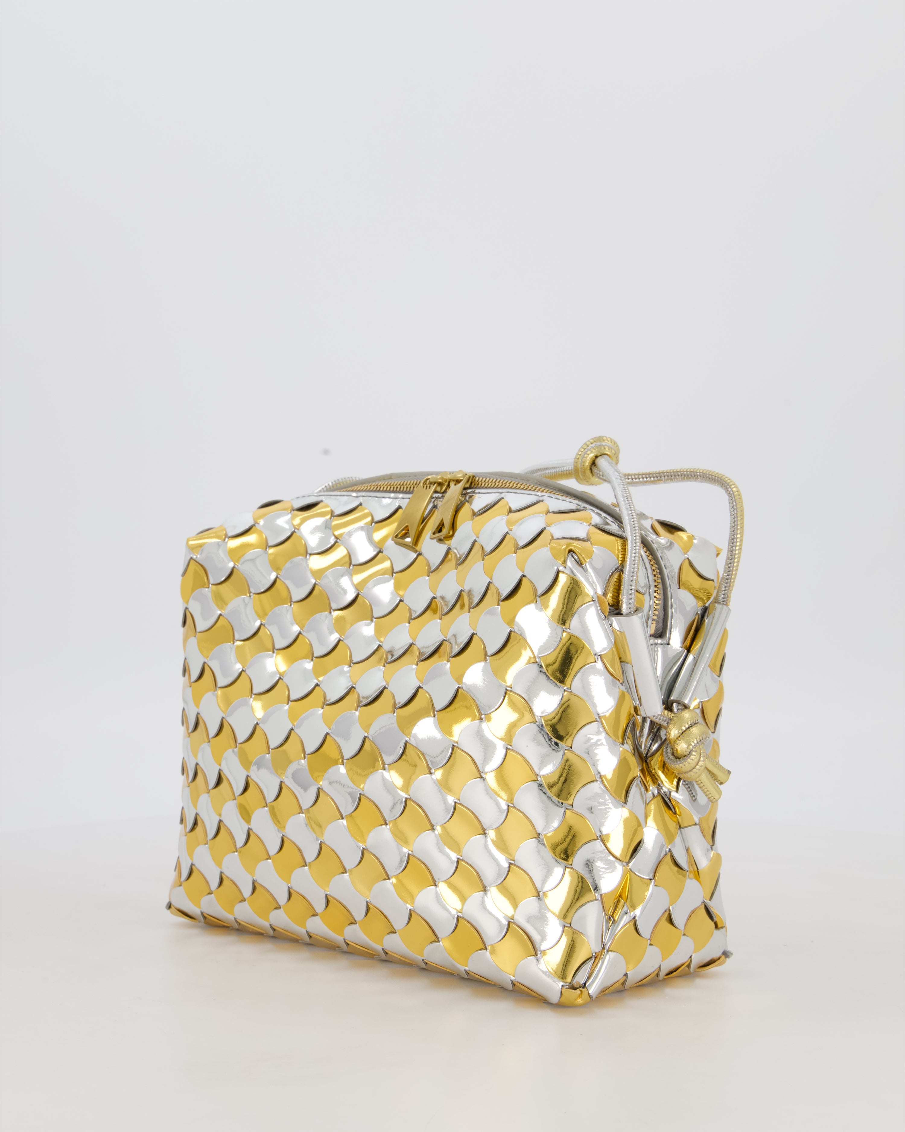 Bottega Veneta Silver & Gold Metallic Medium Loop Intrecciato Camera Bag in Patent Leather with Gold Hardware