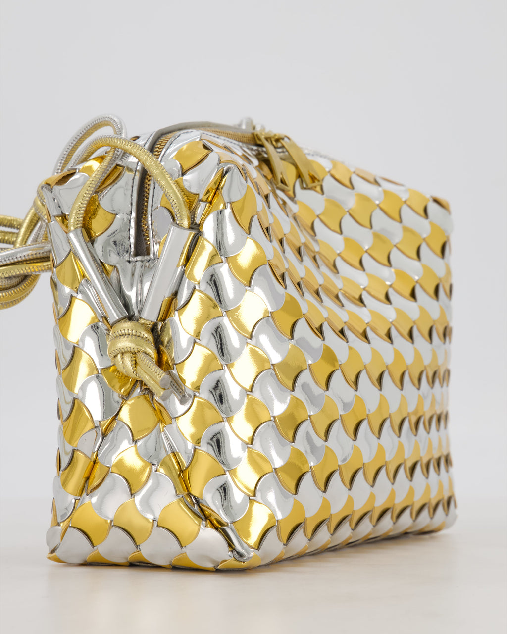 Bottega Veneta Silver & Gold Metallic Medium Loop Intrecciato Camera Bag in Patent Leather with Gold Hardware