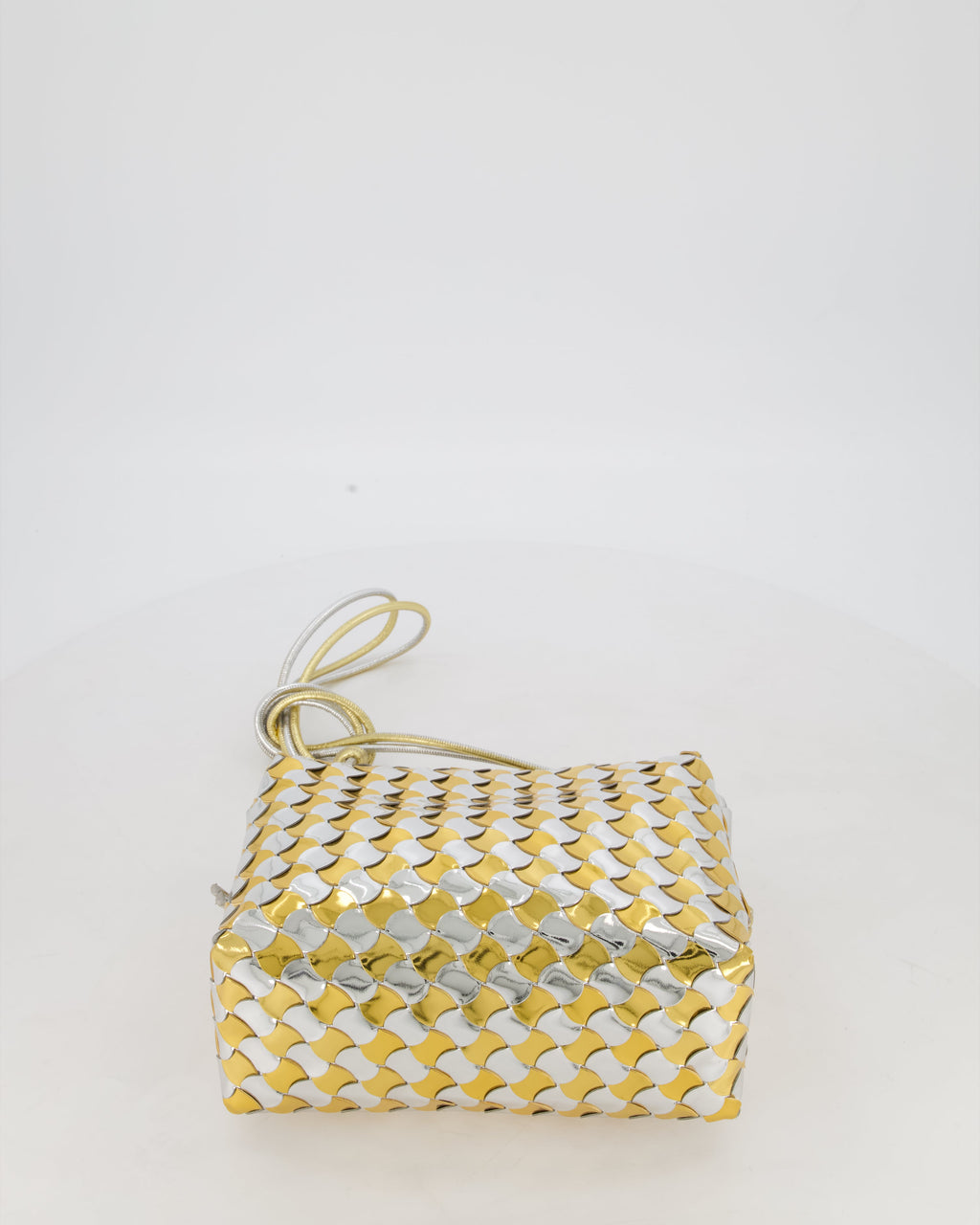 Bottega Veneta Silver & Gold Metallic Medium Loop Intrecciato Camera Bag in Patent Leather with Gold Hardware