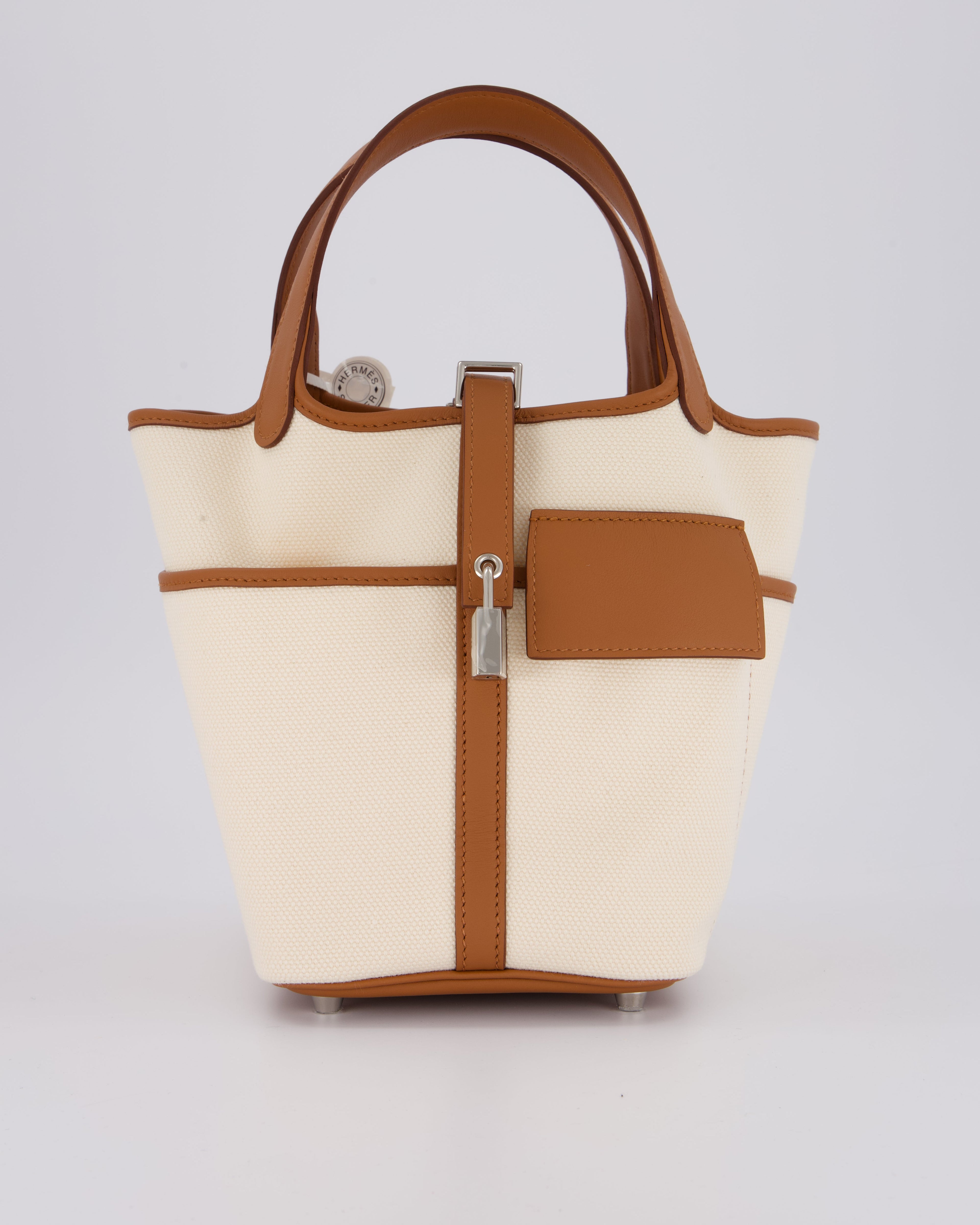 *HOT* Hermès Picotin 18 Lock Cargo Bag in Ecru Canvas & Gold Swift Leather with Palladium Hardware