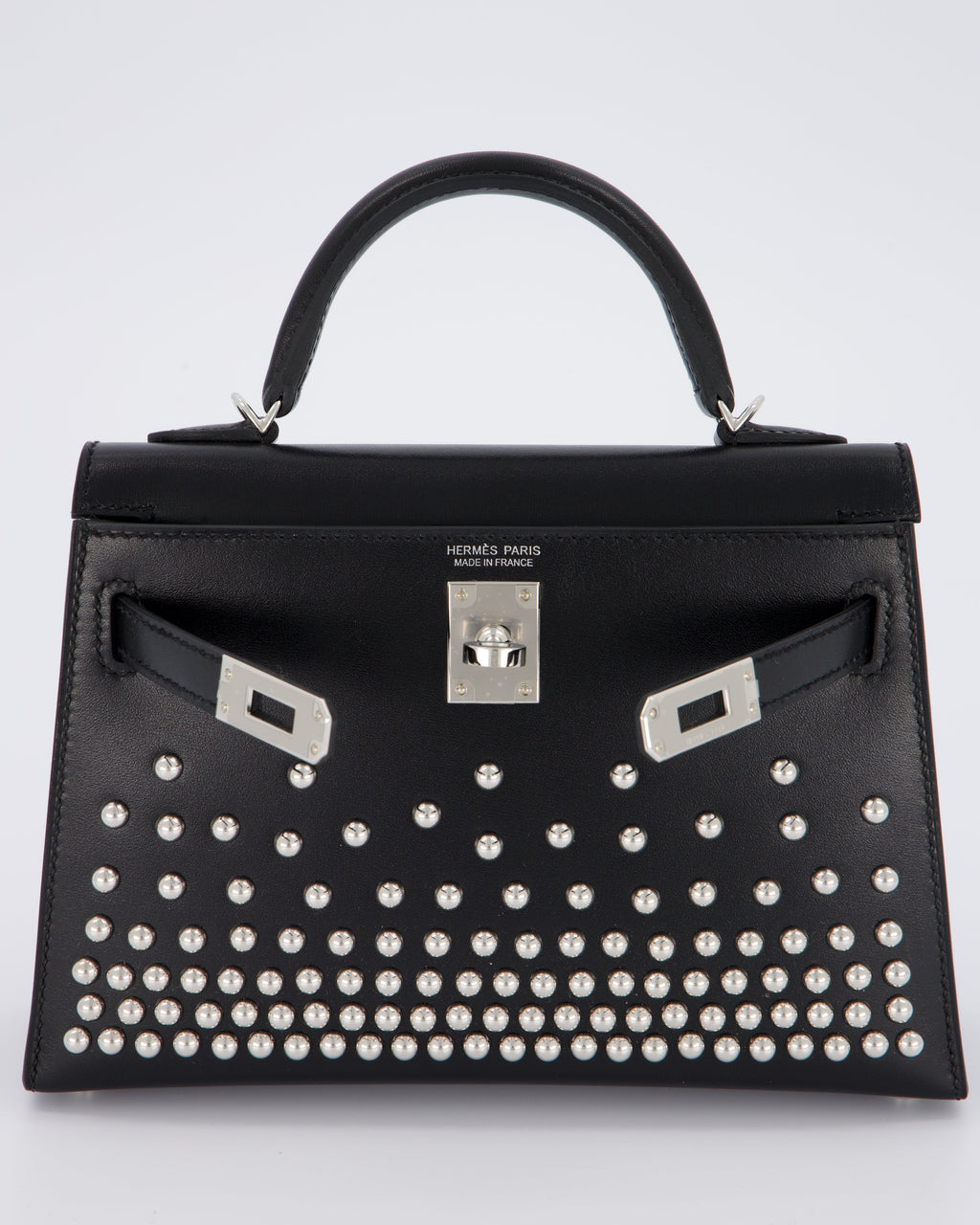 *SUPER RARE & HOT* Hermès Mini Kelly II 20 Clouté Bag in Noir Box Calf Leather with Palladium Hardware &amp; Studs
