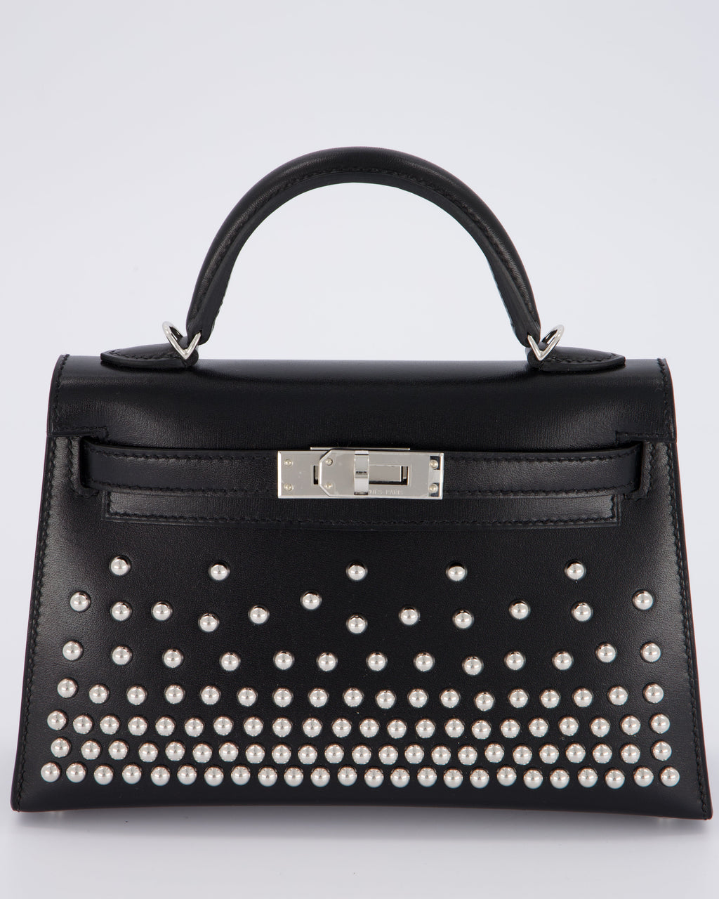 *SUPER RARE & HOT* Hermès Mini Kelly II 20 Clouté Bag in Noir Box Calf Leather with Palladium Hardware &amp; Studs