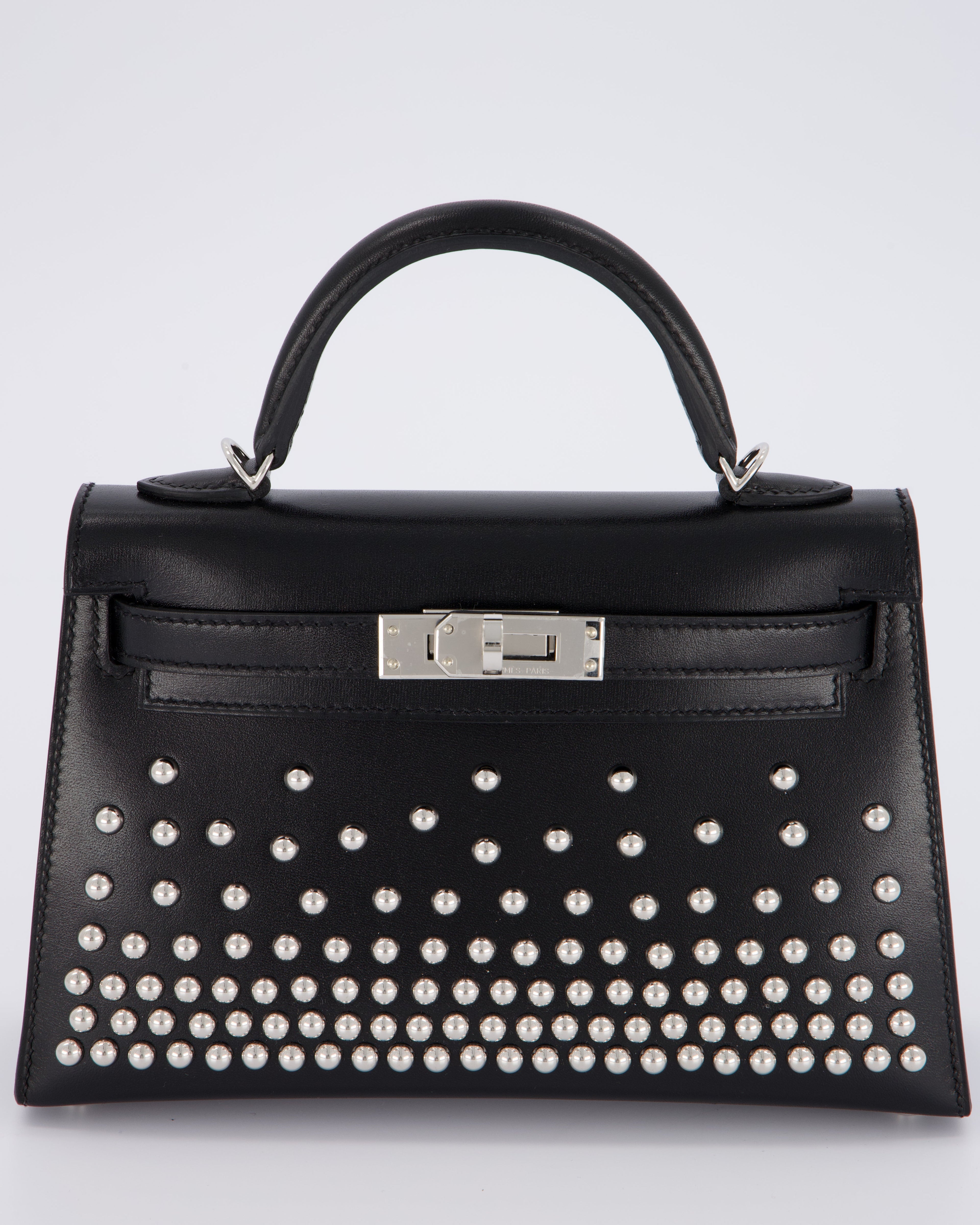 *SUPER RARE & HOT* Hermès Mini Kelly II 20 Clouté Bag in Noir Box Calf Leather with Palladium Hardware &amp; Studs