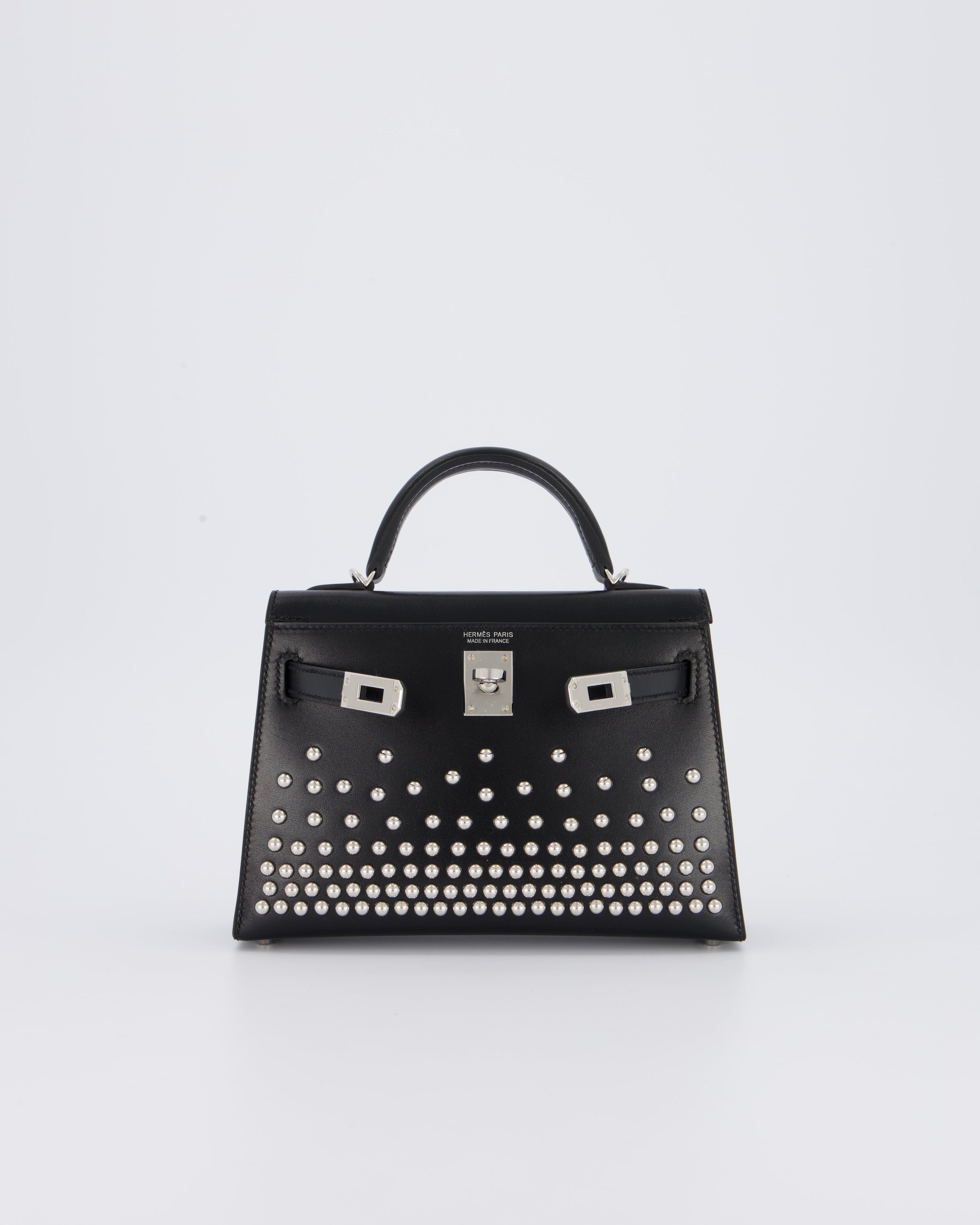 *SUPER RARE & HOT* Hermès Mini Kelly II 20 Clouté Bag in Noir Box Calf Leather with Palladium Hardware &amp; Studs