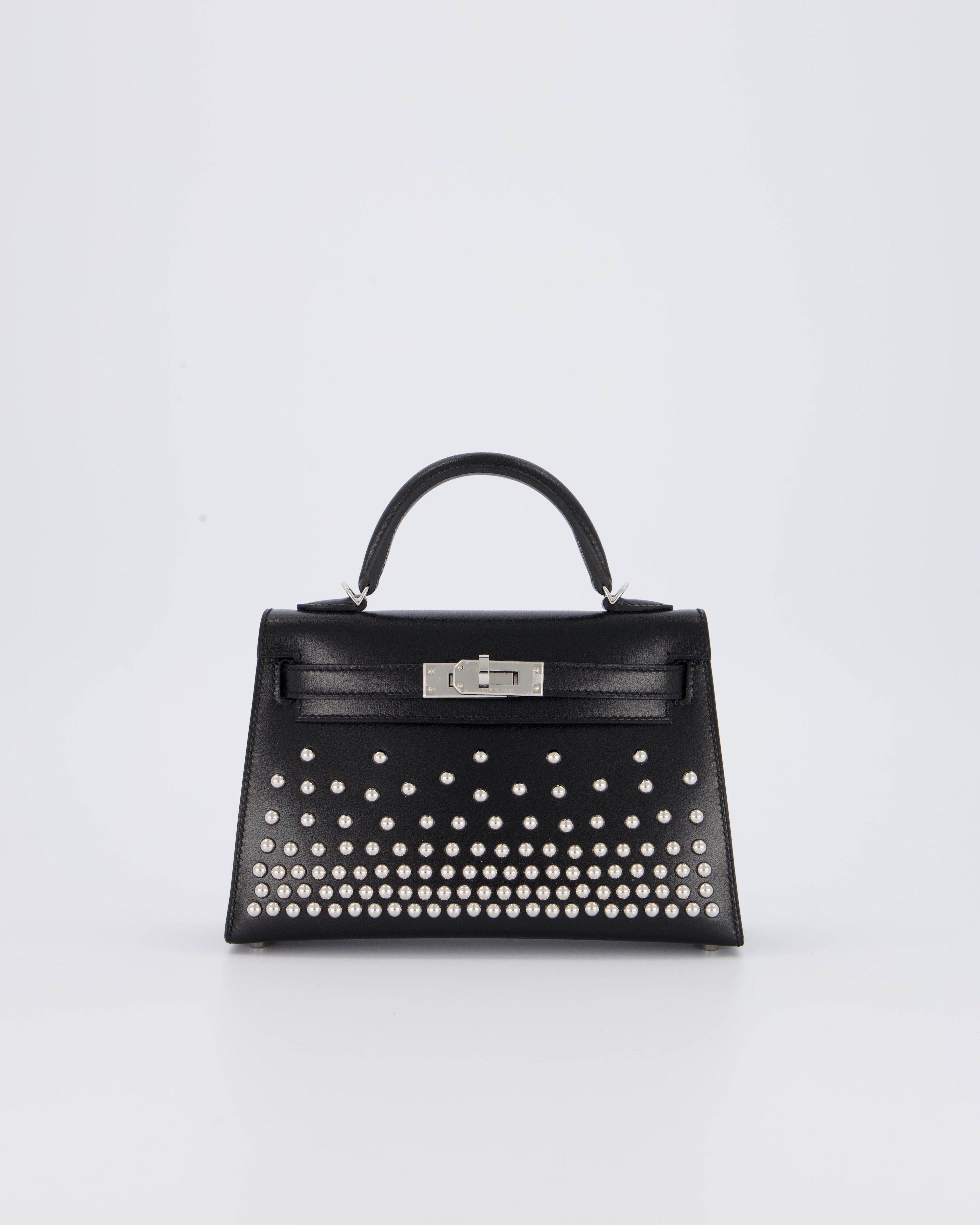 *SUPER RARE & HOT* Hermès Mini Kelly II 20 Clouté Bag in Noir Box Calf Leather with Palladium Hardware &amp; Studs
