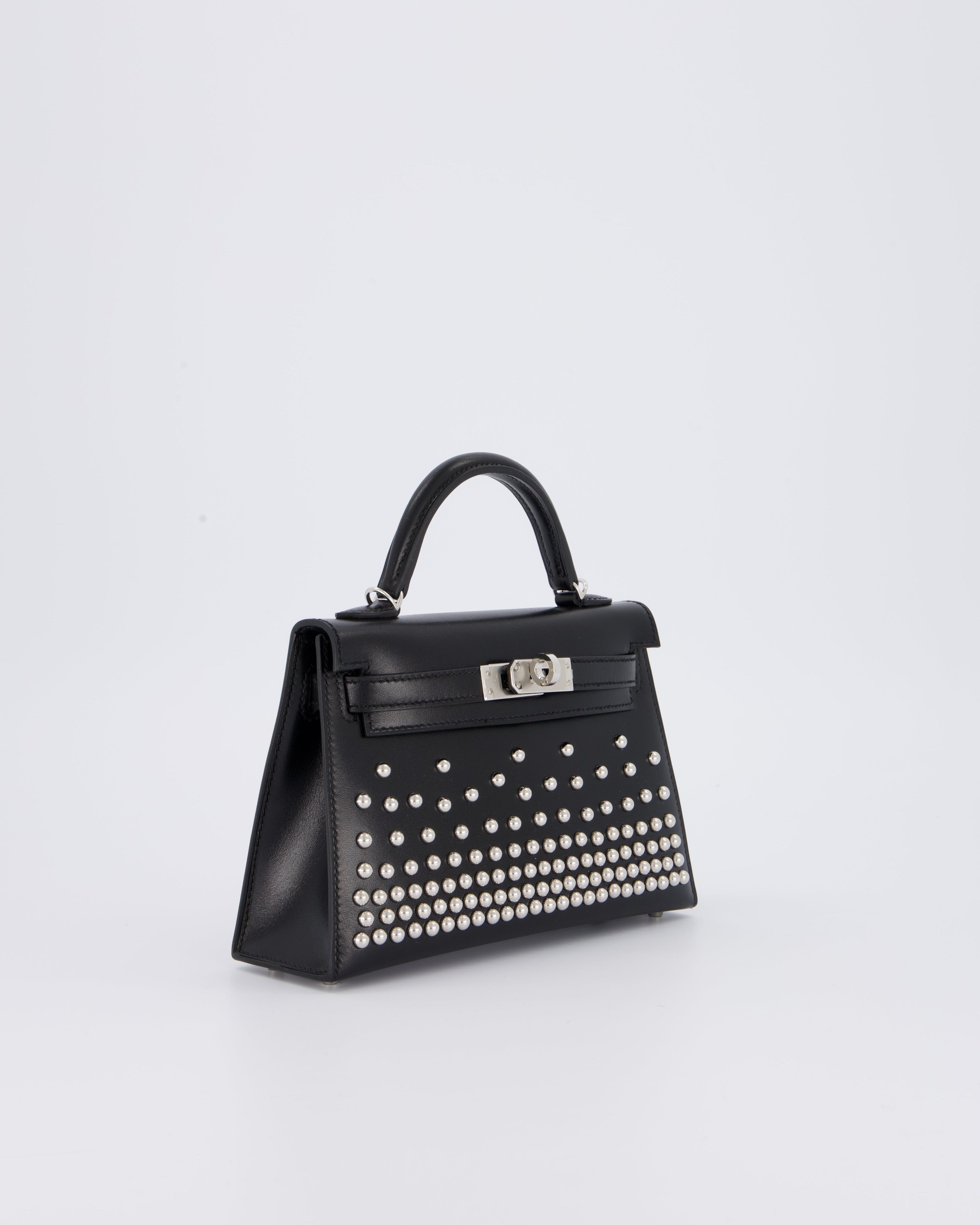 *SUPER RARE & HOT* Hermès Mini Kelly II 20 Clouté Bag in Noir Box Calf Leather with Palladium Hardware &amp; Studs