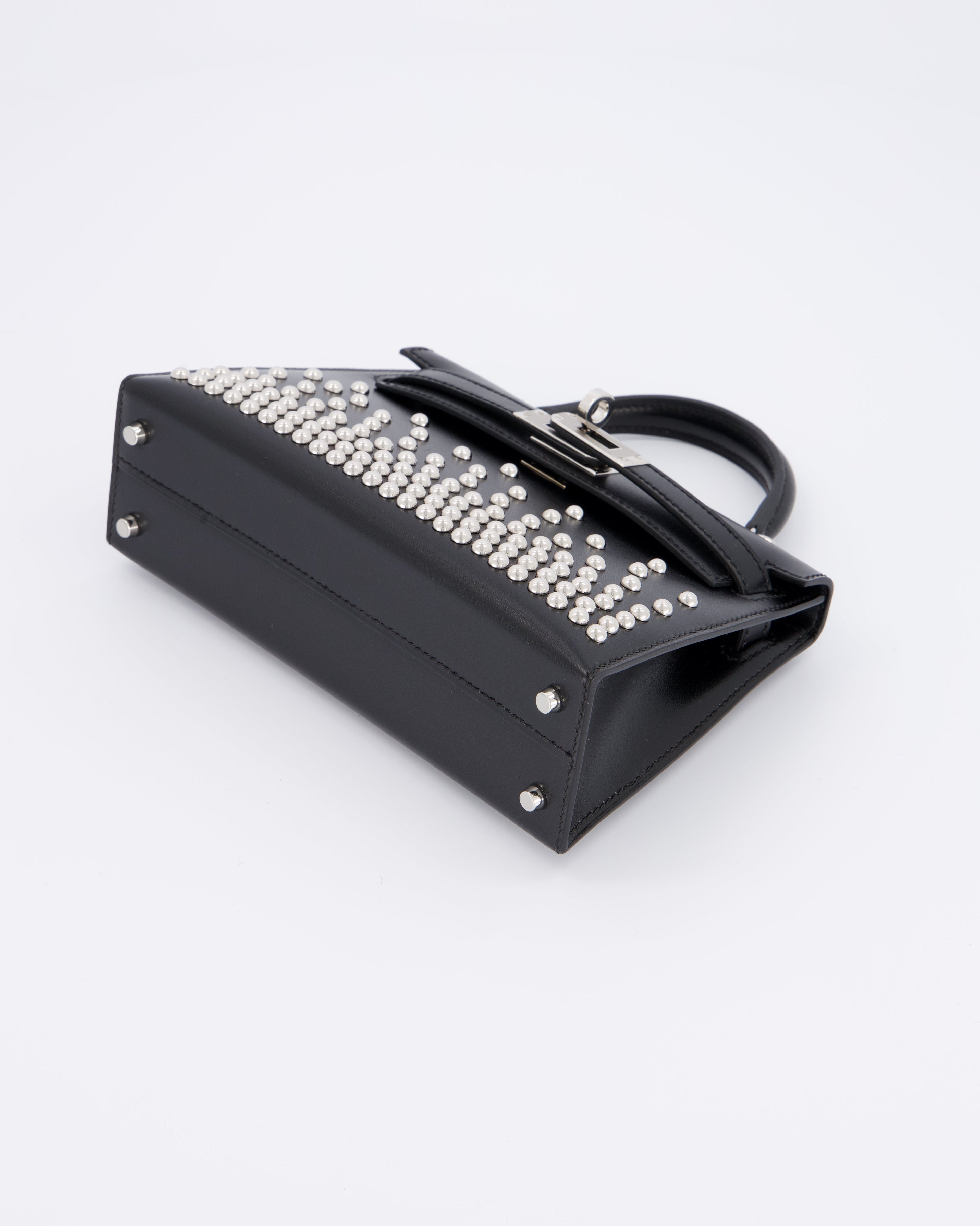 *SUPER RARE & HOT* Hermès Mini Kelly II 20 Clouté Bag in Noir Box Calf Leather with Palladium Hardware &amp; Studs