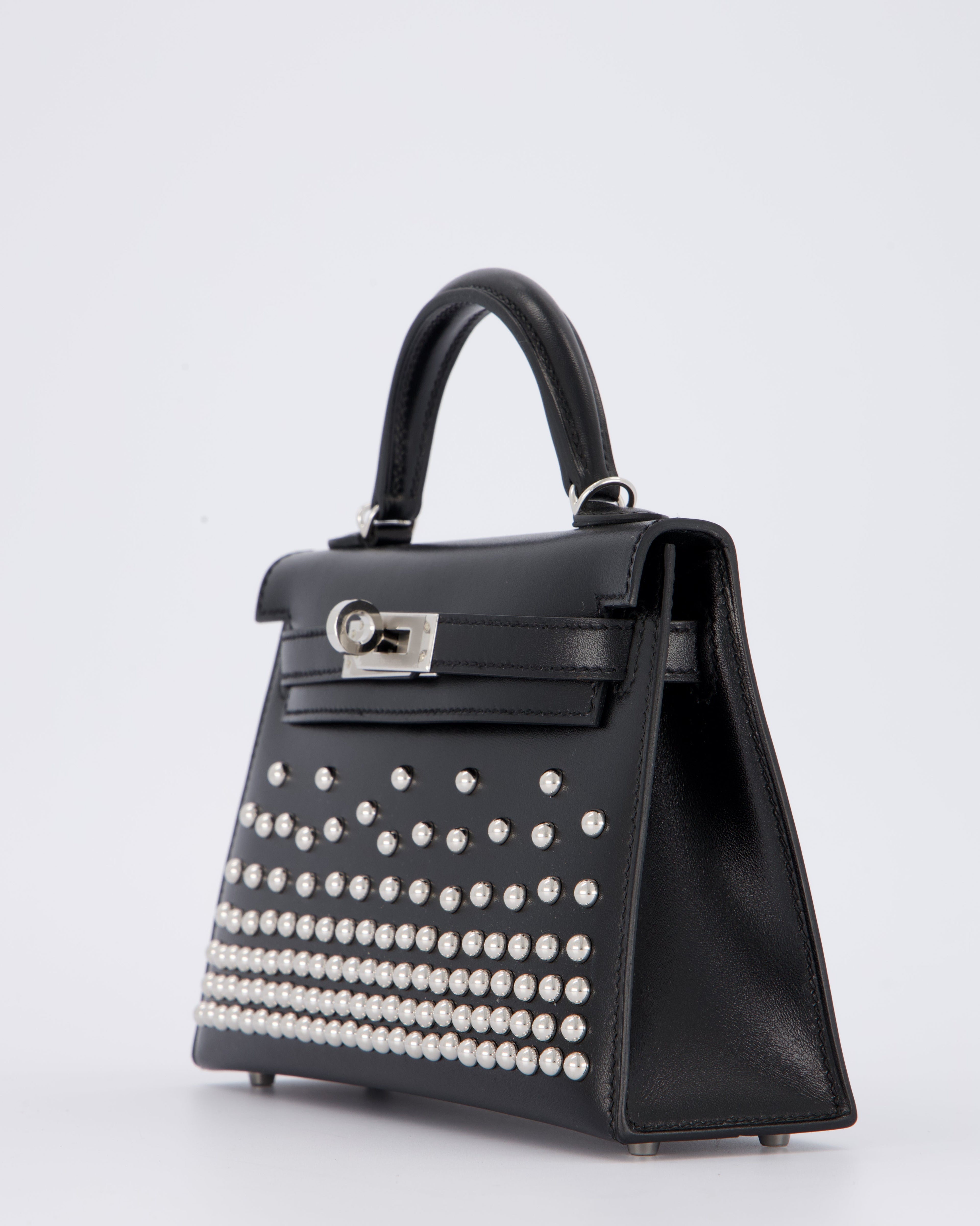 *SUPER RARE & HOT* Hermès Mini Kelly II 20 Clouté Bag in Noir Box Calf Leather with Palladium Hardware &amp; Studs