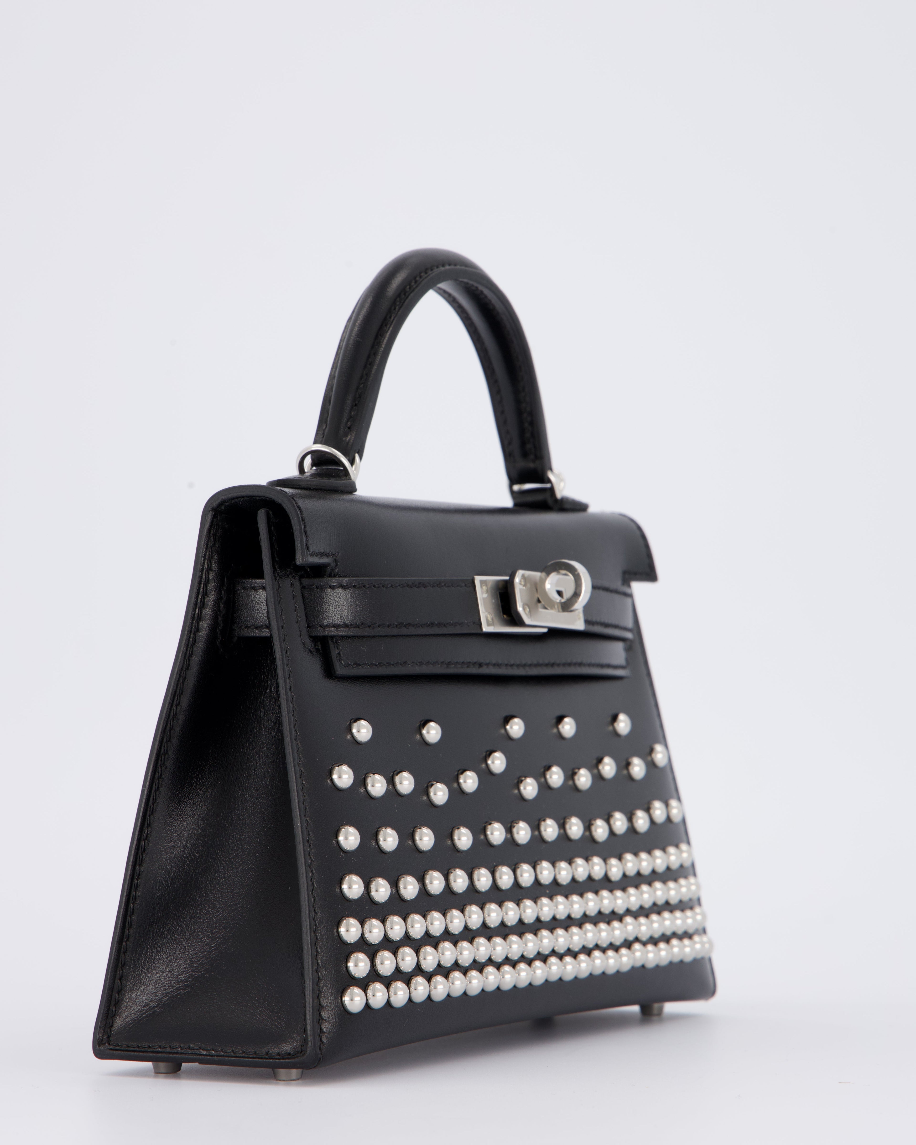 *SUPER RARE & HOT* Hermès Mini Kelly II 20 Clouté Bag in Noir Box Calf Leather with Palladium Hardware &amp; Studs