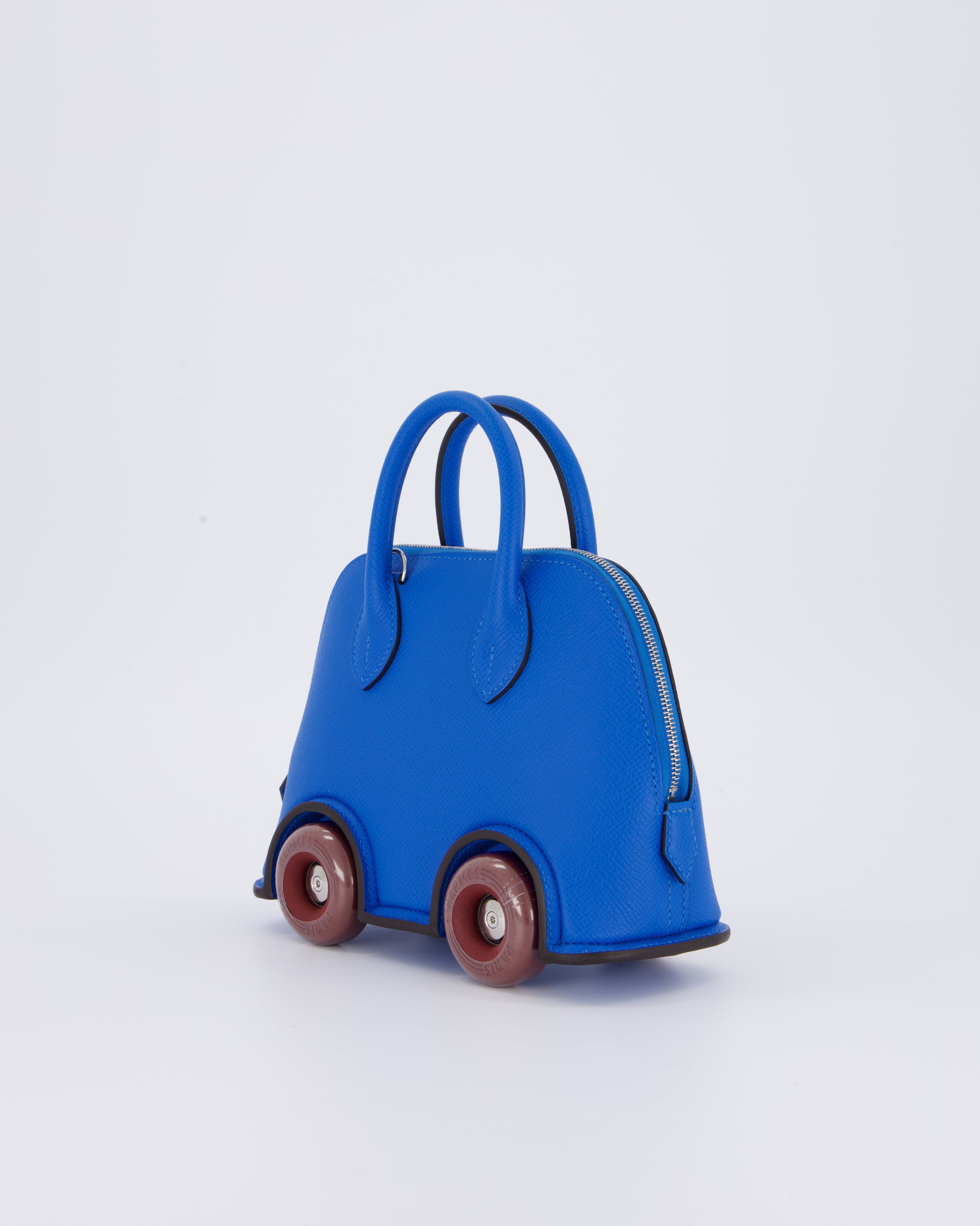*SUPER RARE & HOT* Hermès Mini Bolide on Wheels Bag in Bleu Hydra Epsom Leather with Rouge H Wheels and Palladium Hardware
