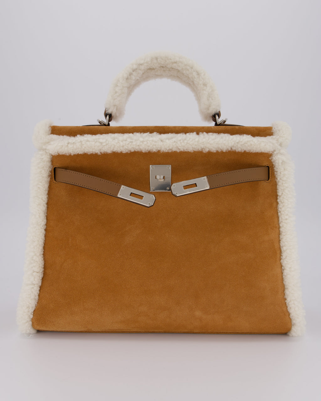 *COLLECTOR'S* Hermès Kelly 35 Teddy Plush Grizzly Bag in Alezan Swift Leather, Ecru Plush & Chamois Grizzly Suede Leather with Palladium Hardware