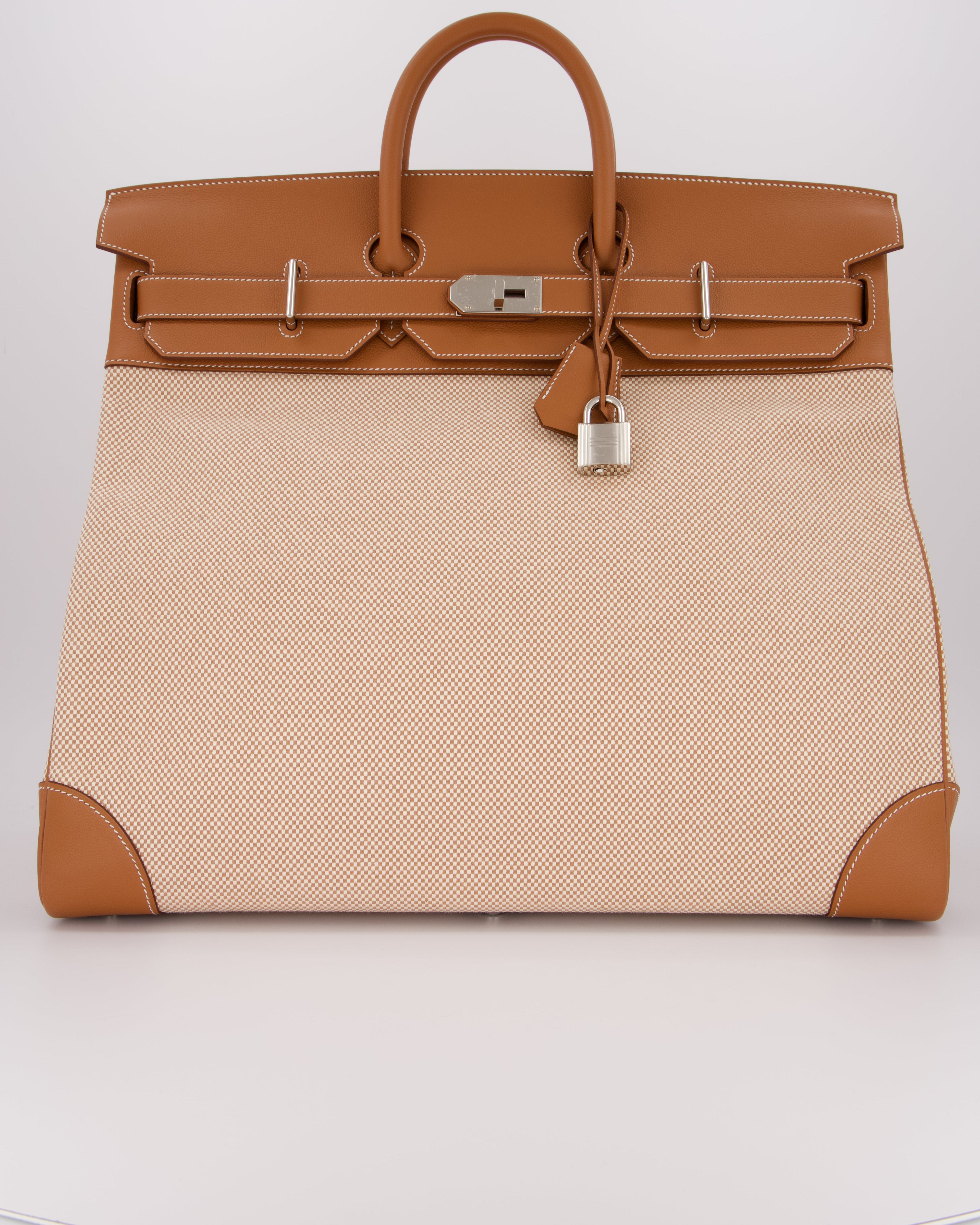 *RARE* Hermès Haut à Courroies HAC 50 Bag in Gold Evercolour Leather &  Écru/Beige Toile Cross Canvas with Palladium Hardware