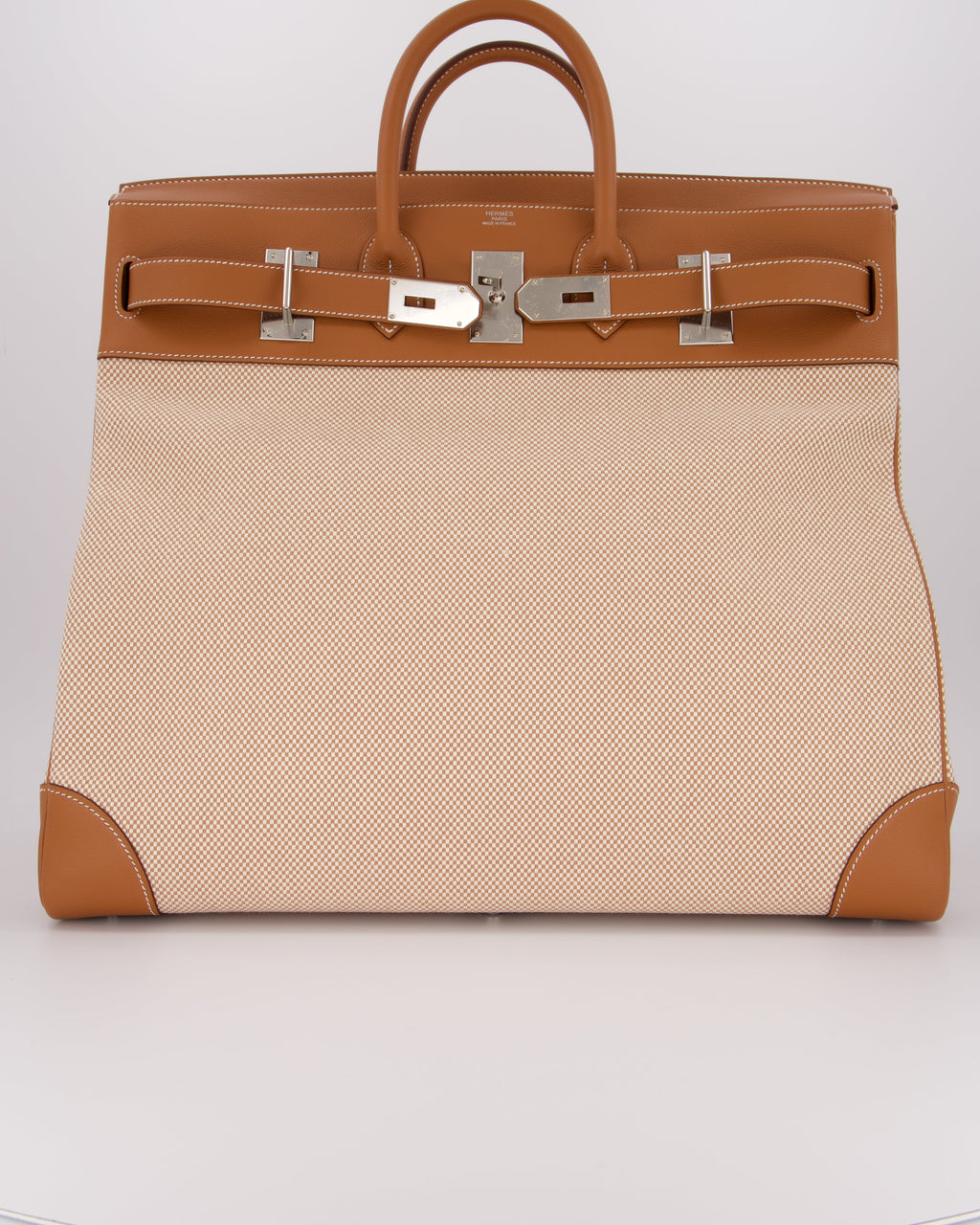 *RARE* Hermès Haut à Courroies HAC 50 Bag in Gold Evercolour Leather &  Écru/Beige Toile Cross Canvas with Palladium Hardware