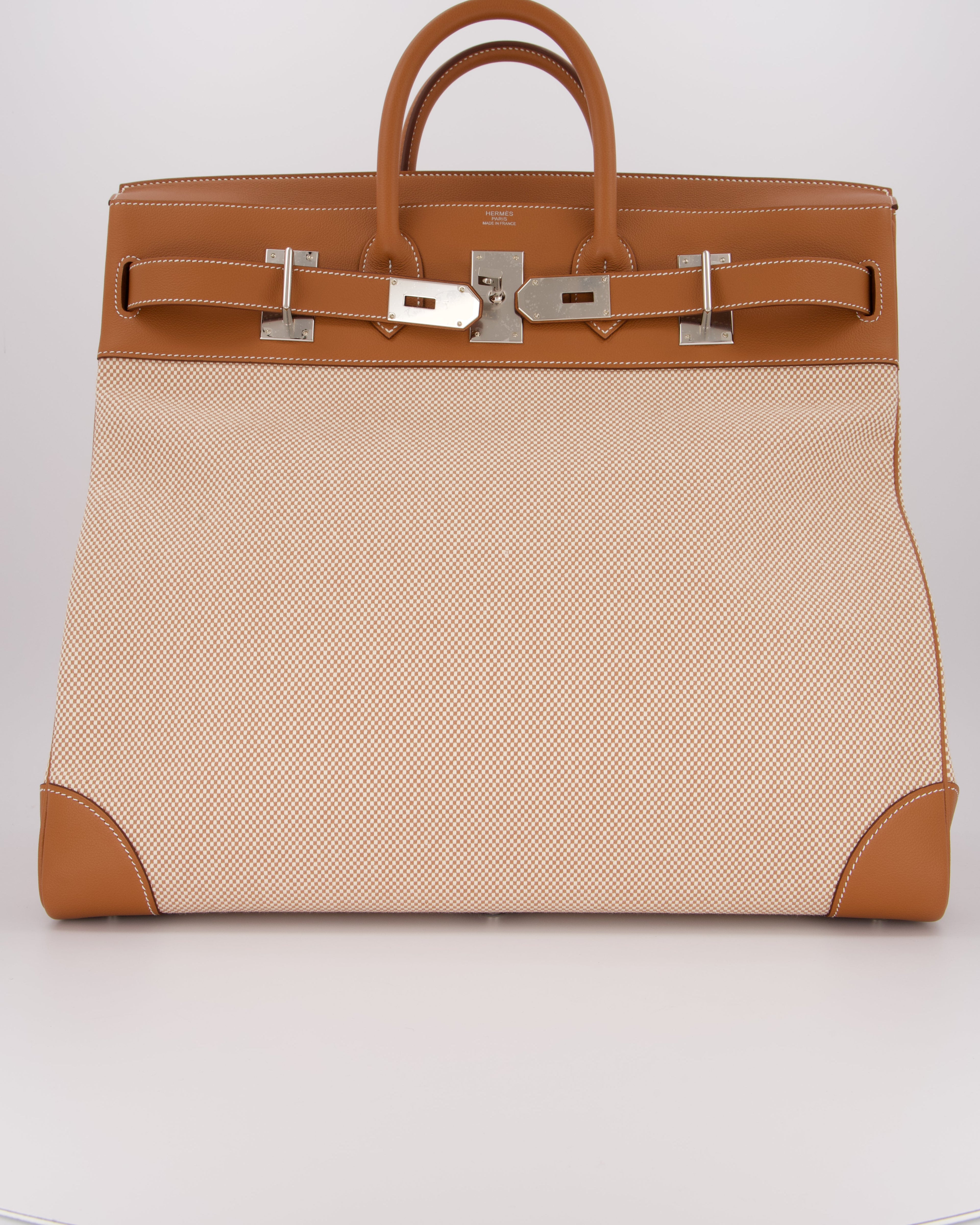 *RARE* Hermès Haut à Courroies HAC 50 Bag in Gold Evercolour Leather &  Écru/Beige Toile Cross Canvas with Palladium Hardware